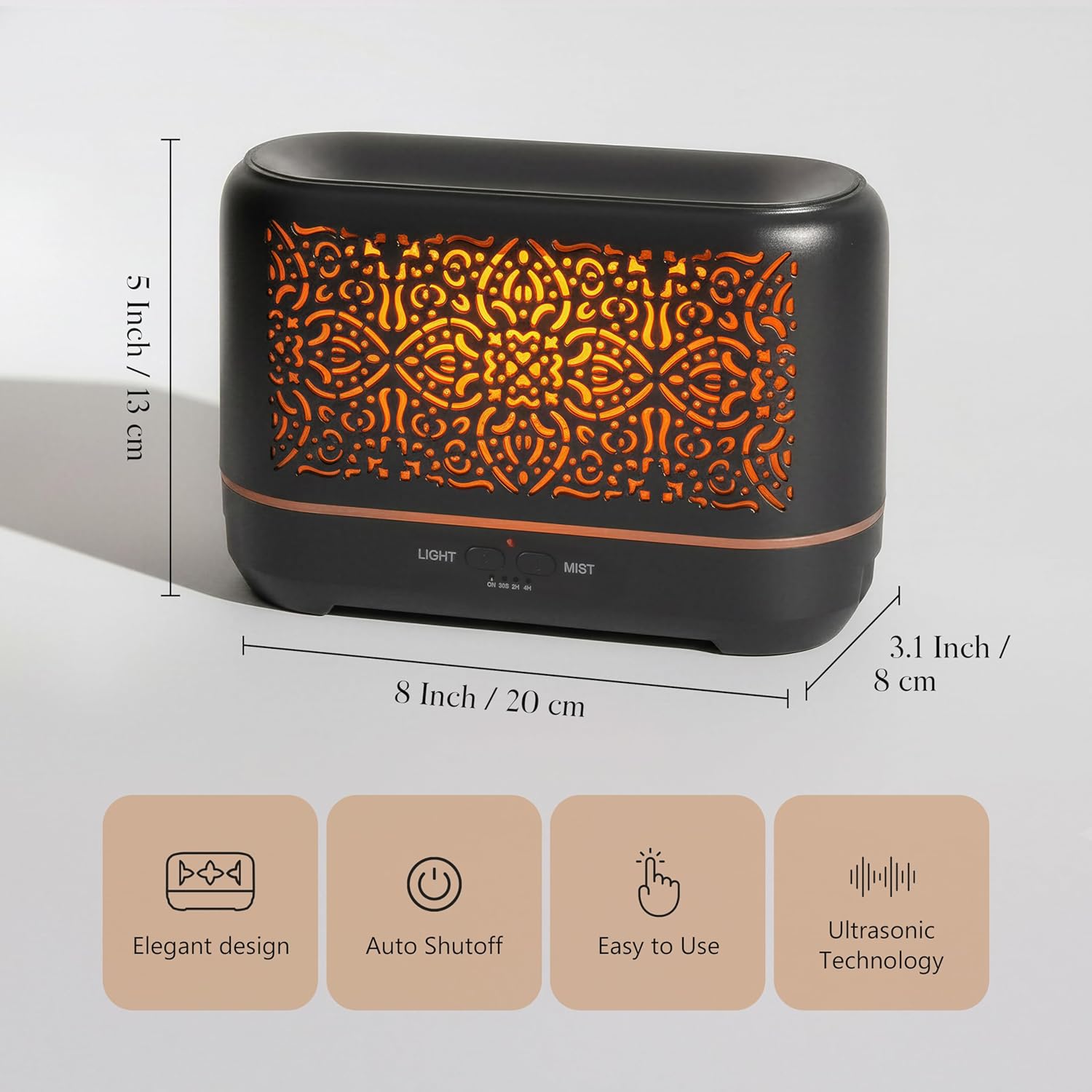 Earnest Living Flames Aromadiffusor, 200 ml, Luftbefeuchter, Timer, Nachtlichter und automatische Abschaltfunktion, Luftbefeuchter für Zuhause, Büro, Aromatherapie-Diffusoren für ätherische Öle, Schwarz – Bild 3
