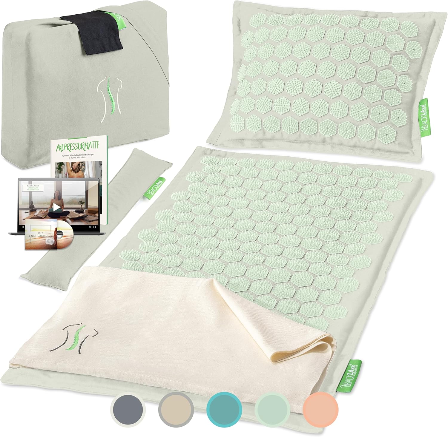 BACKLAXX Akupressurmatte mit Kissen, Tuch & Tasche, Akupunkturmatte mit Spikes zur Massage, Entspannungs-Akupressurmatte für Nacken & Schulter, Massagematte für Rücken und Ganzkörper