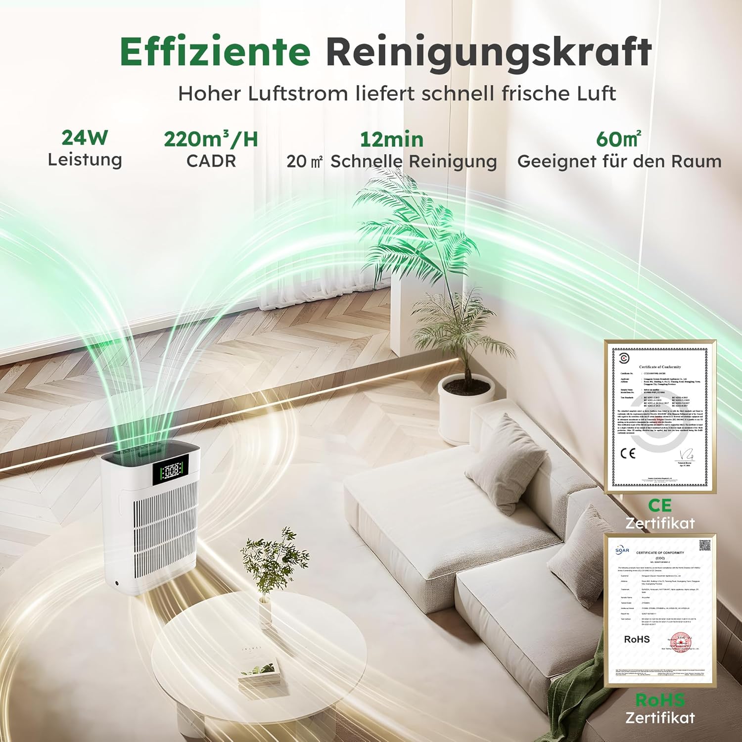 Luftreiniger mit HEPA-Luftfilter und Aktivkohlefilter, vierstufiges Filtersystem gegen Schimmel, Staub und Tierhaare bis 0,3 µm, CADR 220 m³/h für Räume bis 60 m², AP001 – Bild 3