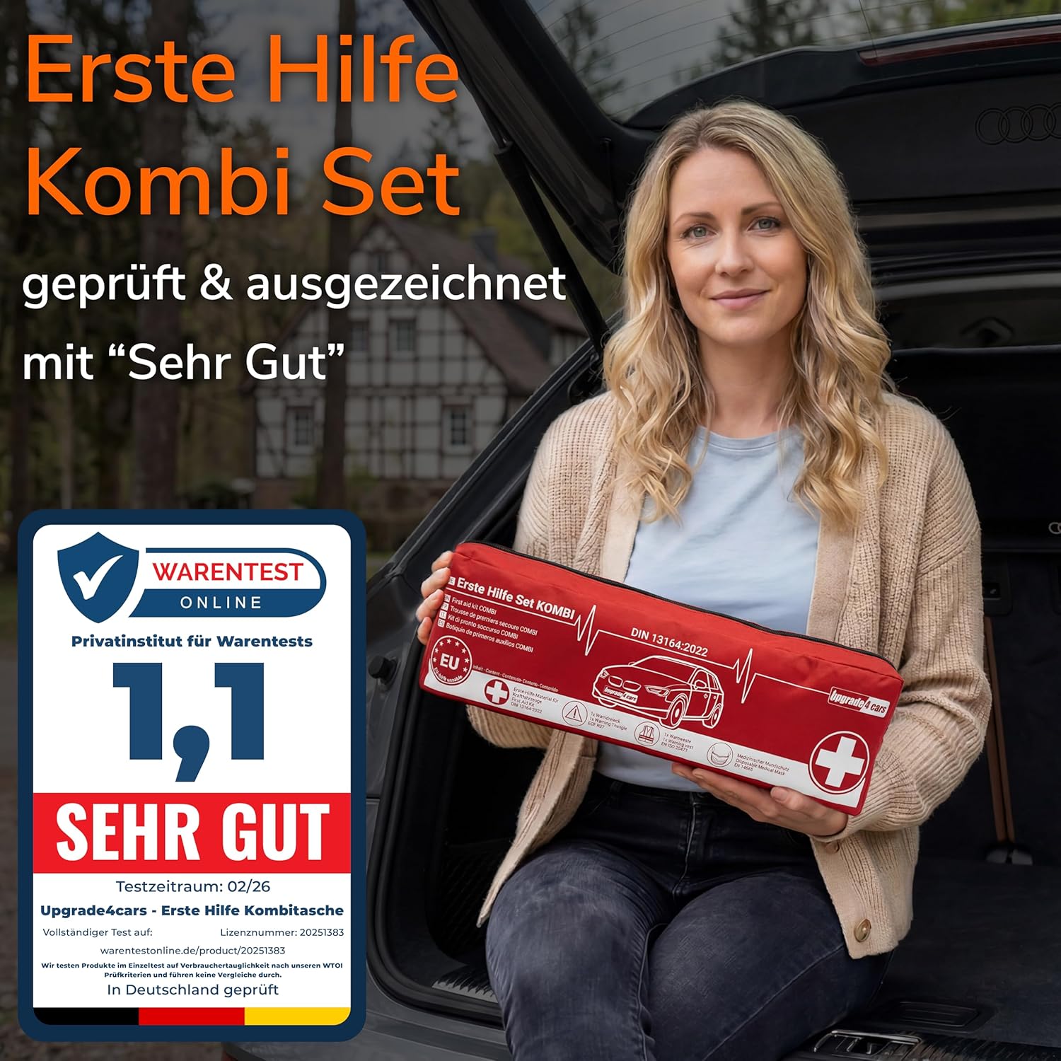 Upgrade4cars Kfz-Verbandskasten 2026 mit Warndreieck & Warnweste nach aktueller Norm DIN 13164, europaweit gültige Kfz-Kombitasche, Erste-Hilfe-Pannenset, Unfallzubehör – Bild 2