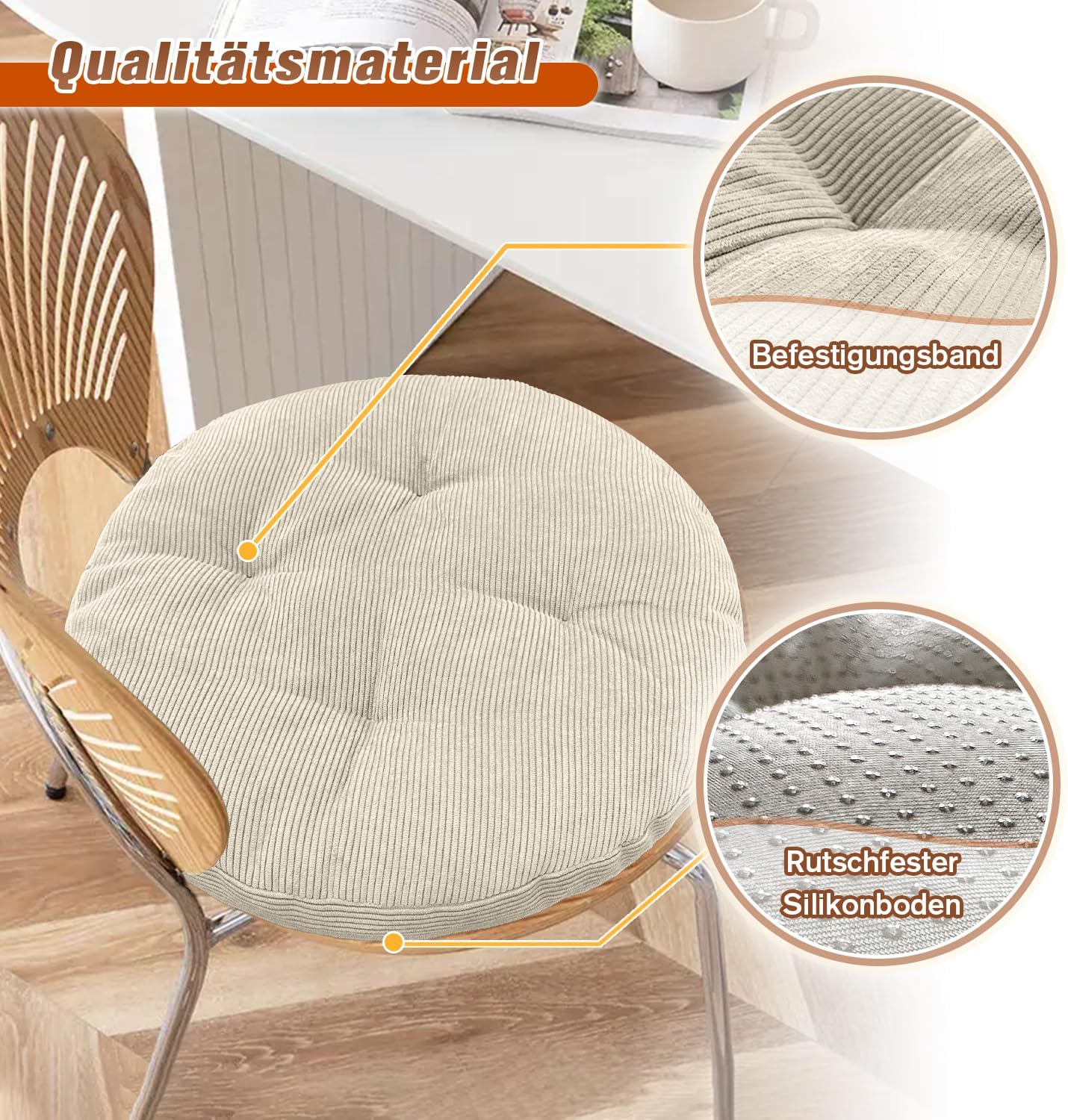 Sitzkissen rund, 40 cm, Dicke 6 cm, 1 Stück, Bodenkissen, rundes Sitzkissen, Stuhlkissen, Sitzkissen, Stuhlkissen, Kissen für Wohnzimmer, Büro, Konferenzraum, Cordstoff (weiß) – Bild 4