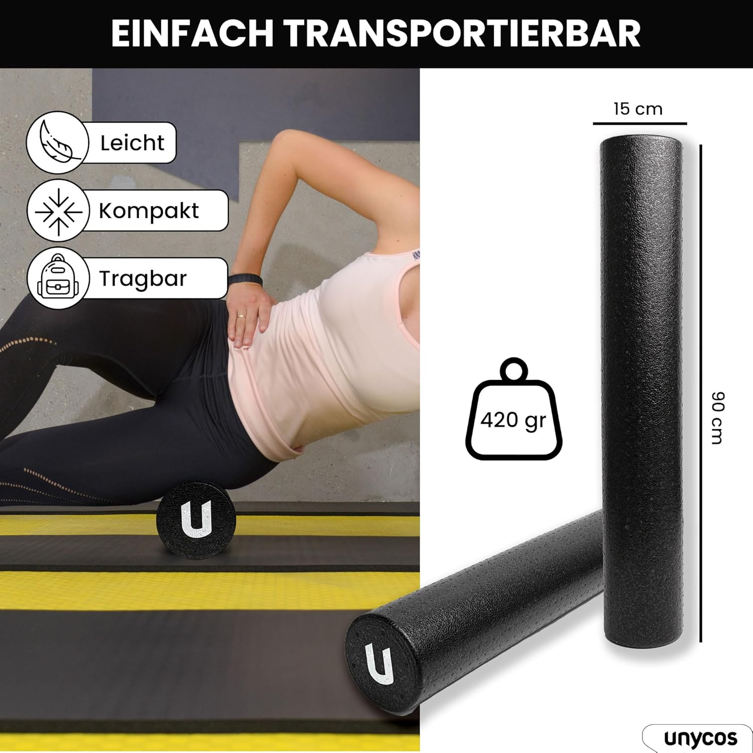 unycos – EPP-Massagerolle, leichte Schaumstoffrolle, Länge 90 cm, Durchmesser 15 cm, Zylinder für Triggerpunkt-Entlastung, Fitness, Pilates, Yoga, Fitnessstudio, Physiotherapie und Entspannung (schwarz) – Bild 6