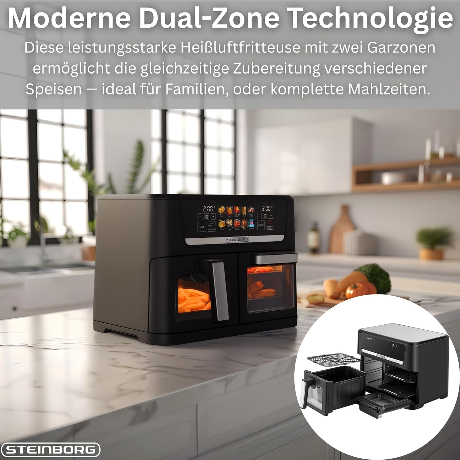Steinborg® XXL Heißluftfritteuse, Dual-Zone, 14 Liter (8 l + 6 l), Luftfritteuse 1700 W mit 2 Kammern und 2 unabhängigen Kochzonen, Digitalanzeige, 10 Programme, 60–200 °C, Ölfrittierkorb, spülmaschinenfester Korb – Bild 8