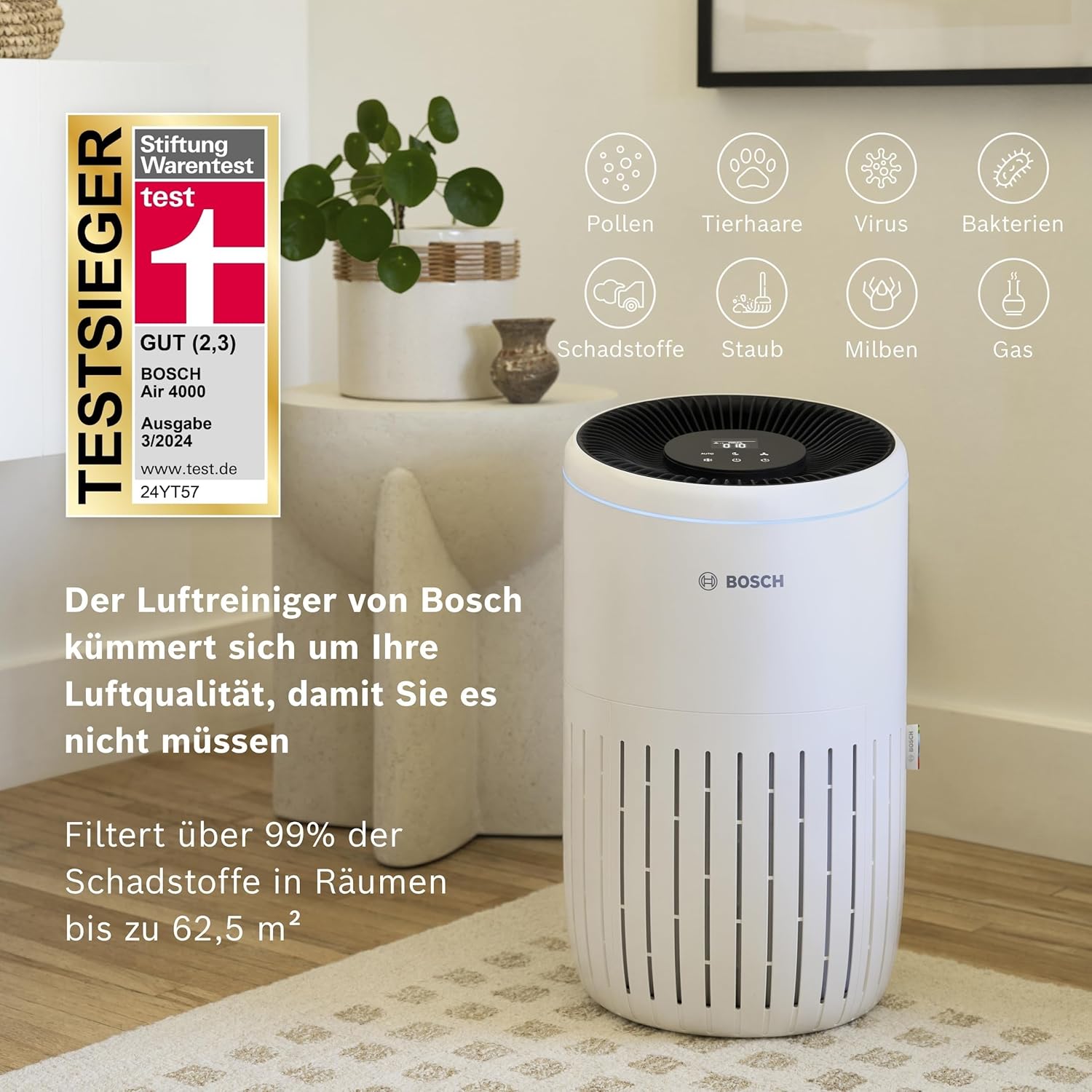 Bosch Air 4000 Luftreiniger – Für Räume bis 62,5 m² – Entfernt effizient Schadstoffe – Mit 3-in-1-Luftfilter, Smart Sensor, Automatikmodus, Schlafmodus (< 25 dB(A)) – CADR: 300 m³/h – Bild 2
