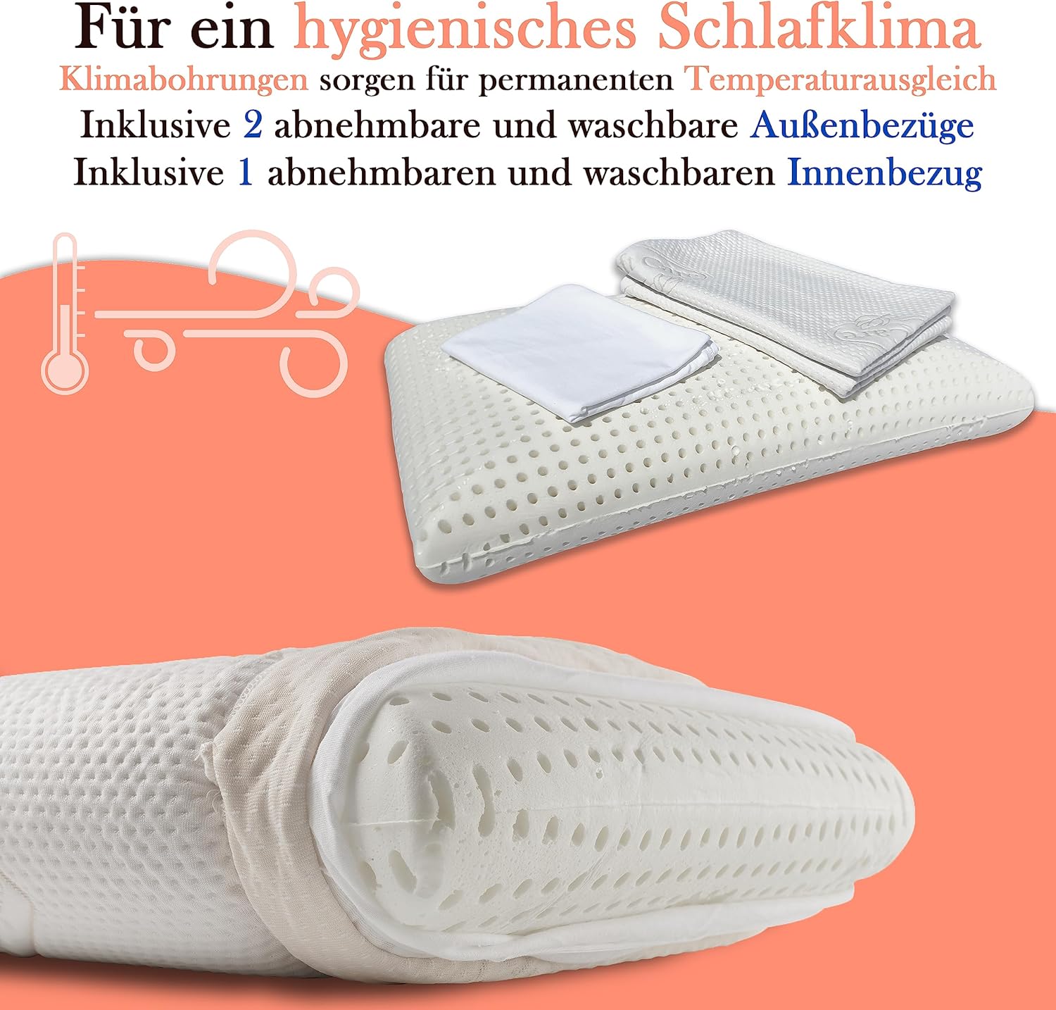 Nackenstützkissen, 72 x 42 x 15 cm, orthopädisches Memory-Schaum-Kissen, Memory-Schaum-Kissen mit waschbarem Bezug, hypoallergenes und milbenresistentes Kissen – Bild 3