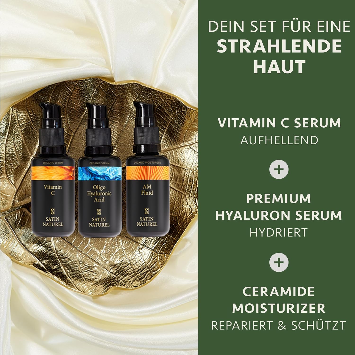 Satin Naturel Geschenkset für Damen – 3 x 30 ml Wellness Beauty Set mit Vitamin C Serum, Hyaluron Serum & Beauty Fluid mit Ceramiden auf Bio-Aloe Vera – Bild 3