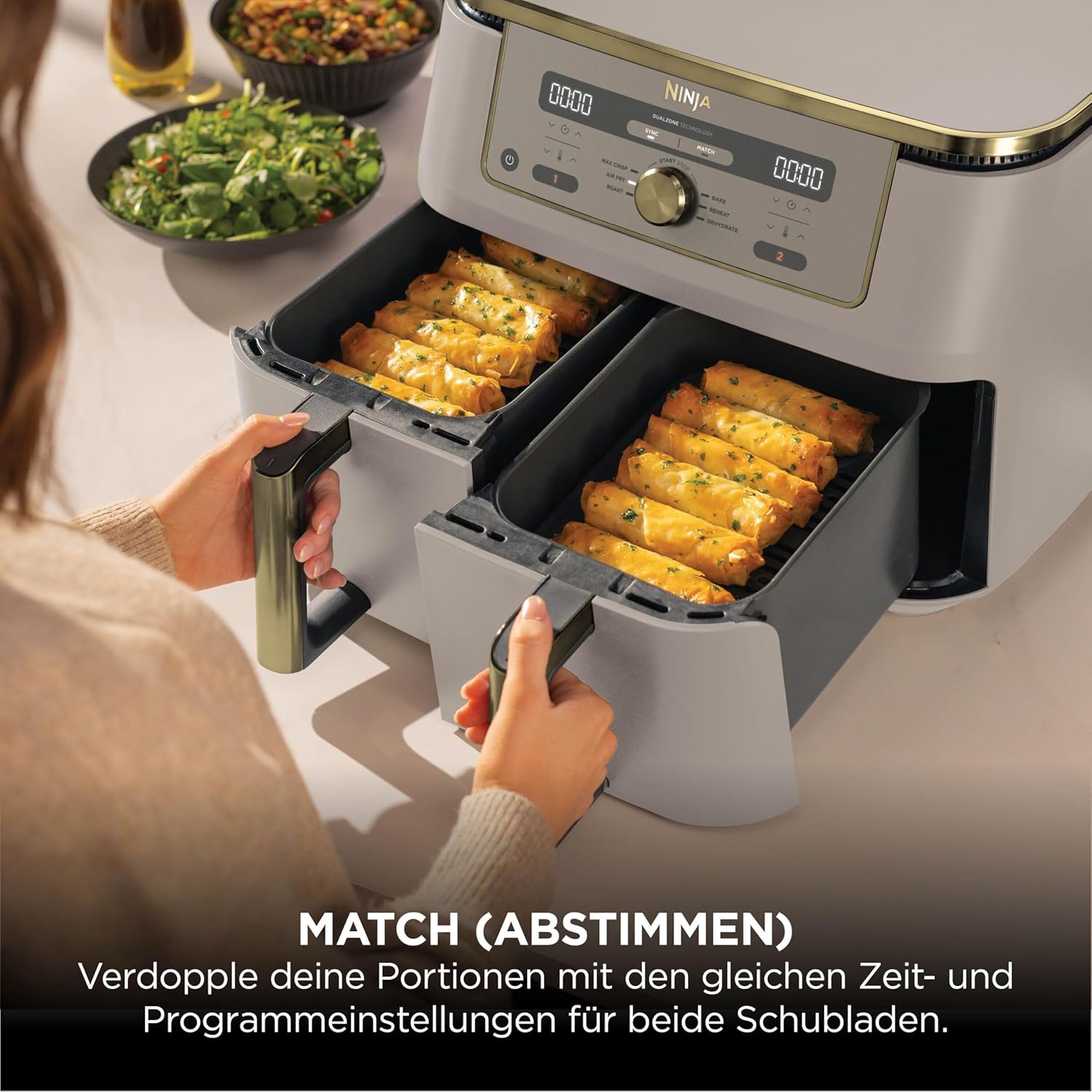 Digitale Dual-Zonen-Luftfritteuse von Ninja, 2 Schubladen, 6-in-1, Heißluftfritteuse, 9,5 l, Heißluftfritteuse, maximale Knusprigkeit, Braten, Backen, Aufwärmen, spülmaschinenfeste Körbe, Stein/Gold DZ400EUSTGD – Bild 4