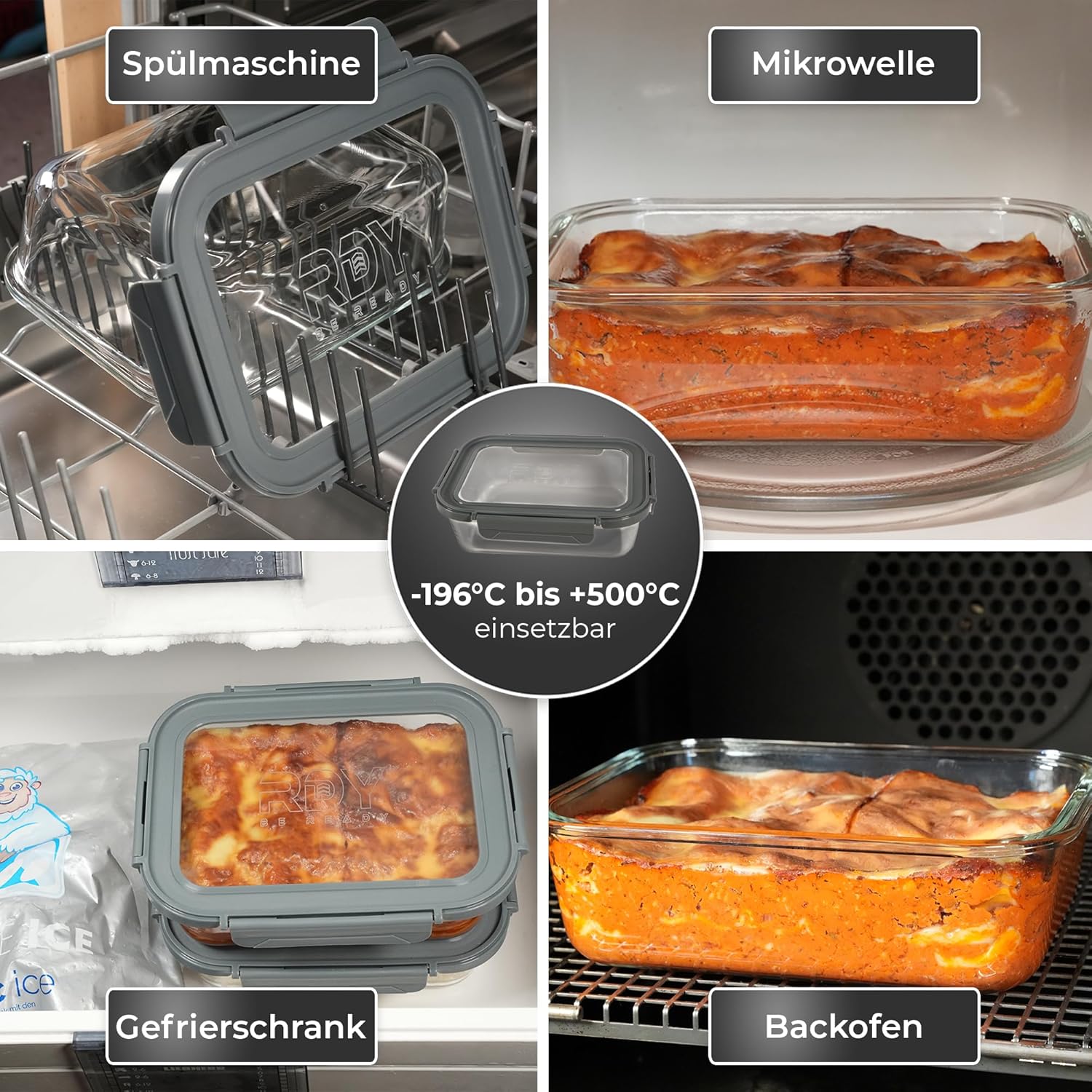 RDY Meal-Prep-Boxen aus Glas, 1500 ml – 5er-Set – luftdichte Glasbehälter für Mikrowelle, Backofen, Gefrierfach – Frischhaltedosen mit Deckel – BPA-frei, spülmaschinenfest – Glasdosen, Lebensmittelbox, Gefrierschrank – Bild 5