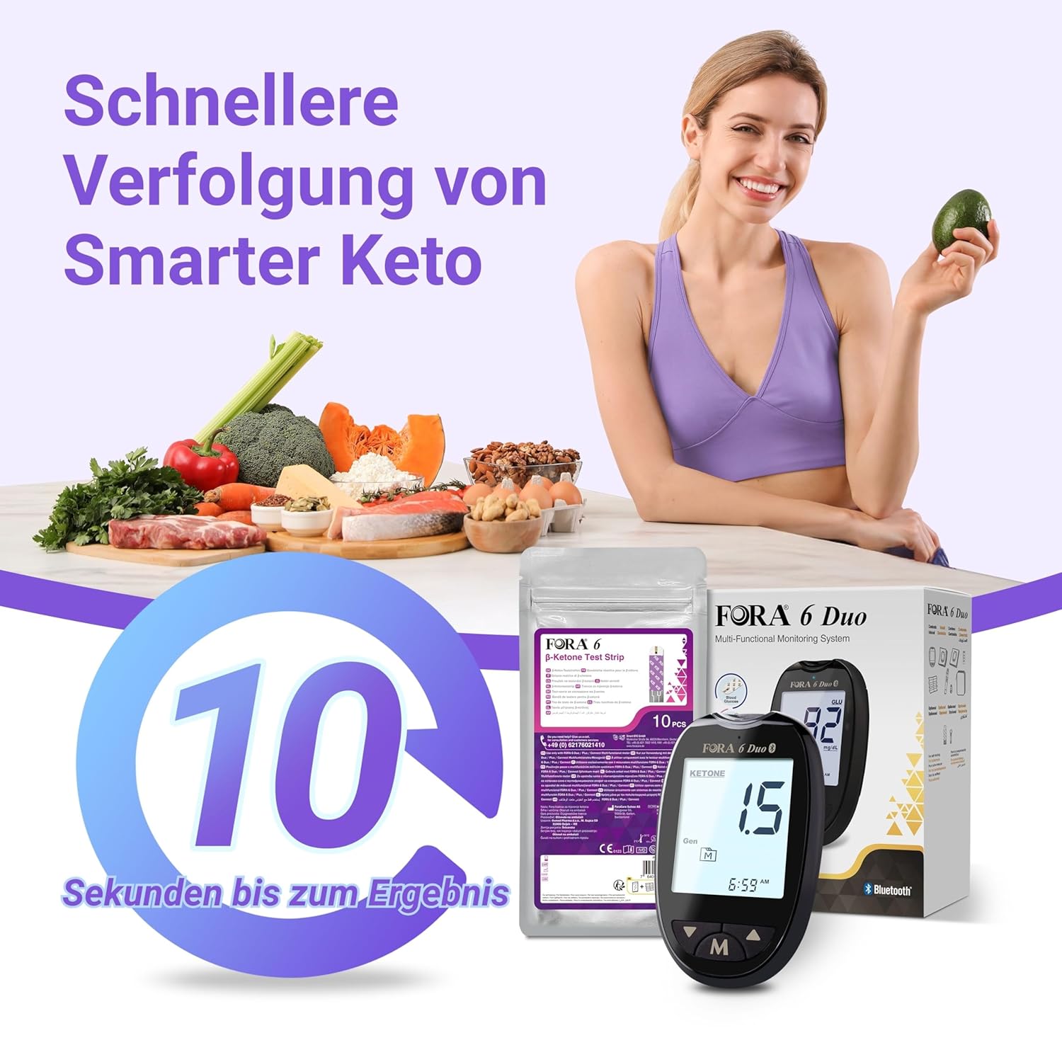 FORA Duo 2-in-1 (Blutzucker, Keton) Bluetooth-Blutzuckermessgerät mit 10 Keton-Teststreifen – Bild 4