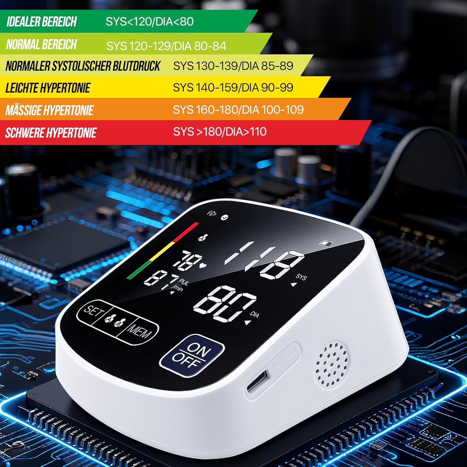 RoserRose Blutdruckmessgerät Oberarm digital, Blutdruckmessgerät mit deutscher Sprachausgabe, großes LED-Display, 2 x 99 Speicherplätze, Manschette 22-36 cm, AAA-Batterie/Typ-C-Ladekabel – Bild 2
