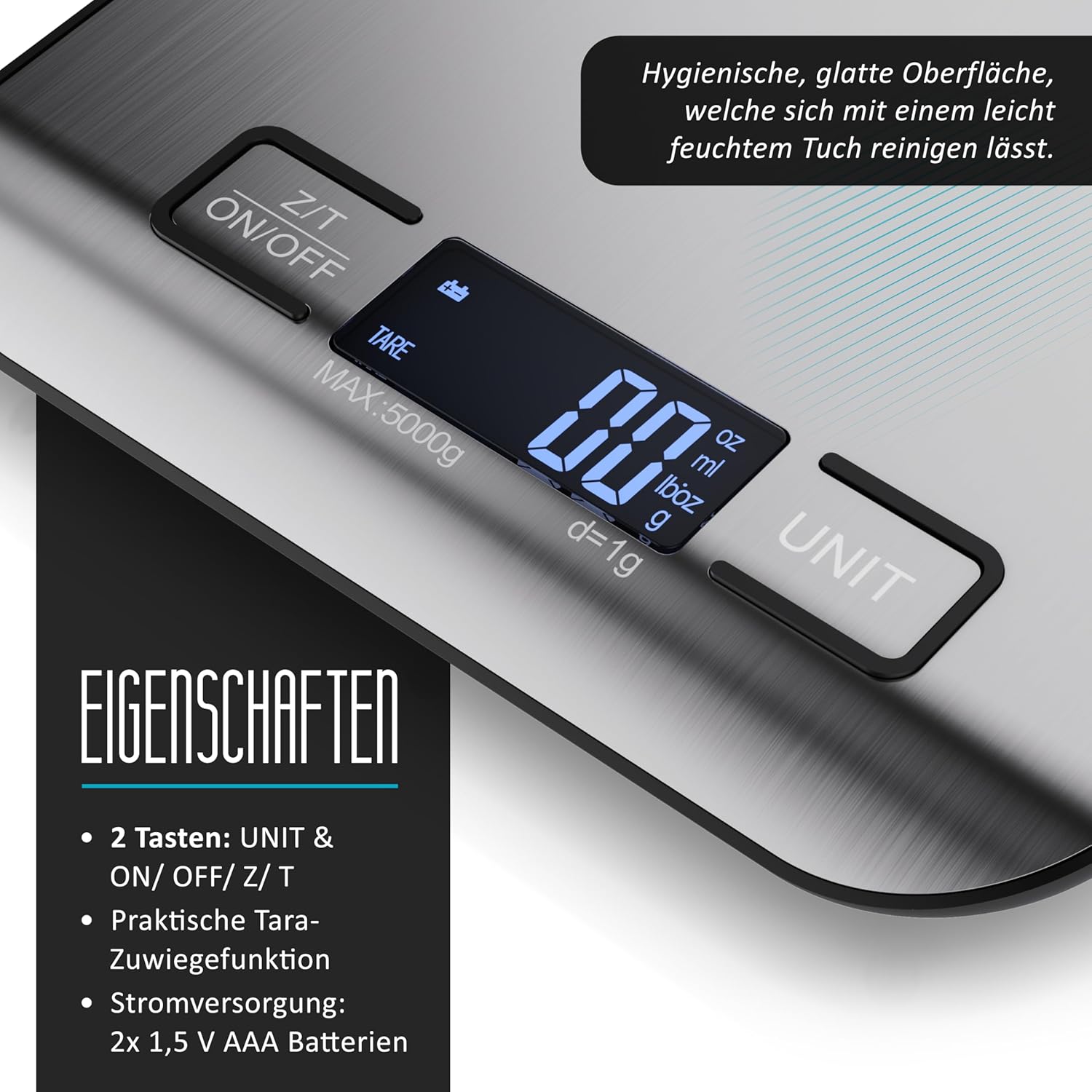 Arendo – Digitale Küchenwaage aus Edelstahl – max. 5 kg – LCD-Display – Tara-Wiegefunktion – Messgenauigkeit 1 g – Display mit LCD-Anzeige – g, lb:oz, oz, ml – Bild 3