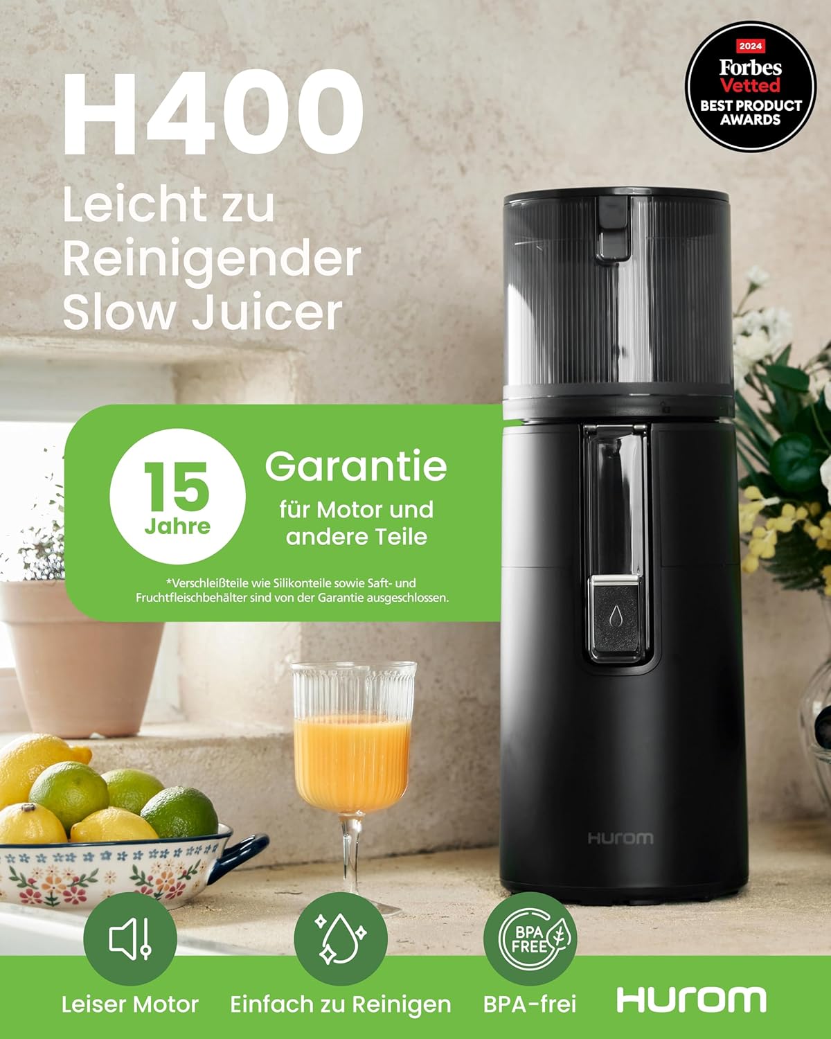 HUROM | H400 | Entsafter für Obst und Gemüse | Hurom Easy Clean H400 | Schneidschüssel | 150 Watt | BPA-frei | Grau – Bild 2