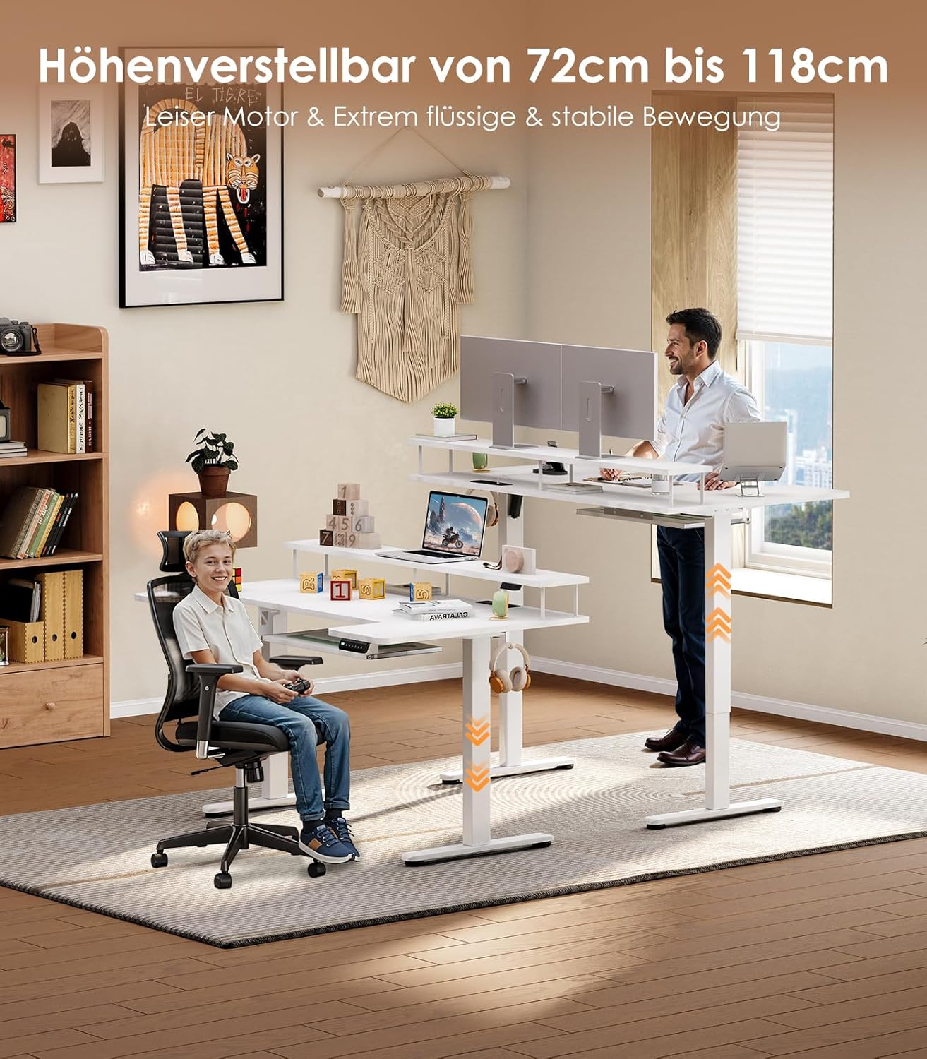 OffiGo U-förmiger höhenverstellbarer Schreibtisch, 140 cm elektrischer Stehsitztisch mit Monitorständer, Steckdosen & USB-Ladeanschluss, Stehpult mit LED, Home-Office-Computertisch, Weiß – Bild 8