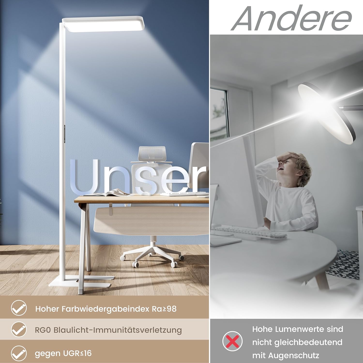 UGR98,2 m Vollspektrum-Tageslichtlampe, Dual-Stehlampe, dimmbar, Augenschutz, Deckenfluter, 4000 K, Stehlampe, Büro, Leselampe für Kinderzimmer, Weiß – Bild 7