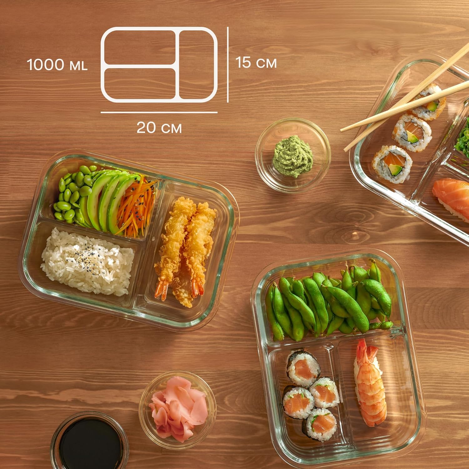 Praknu Meal-Prep-Boxen aus Glas mit 3 Fächern – Set mit 2 Meal-Prep-Behältern 1 l – luftdichter Glasbehälter mit Deckel – geeignet für Spülmaschine, Mikrowelle und Backofen – Meal-Prep-Boxen – Frischhaltedosen aus Glas – Bild 5