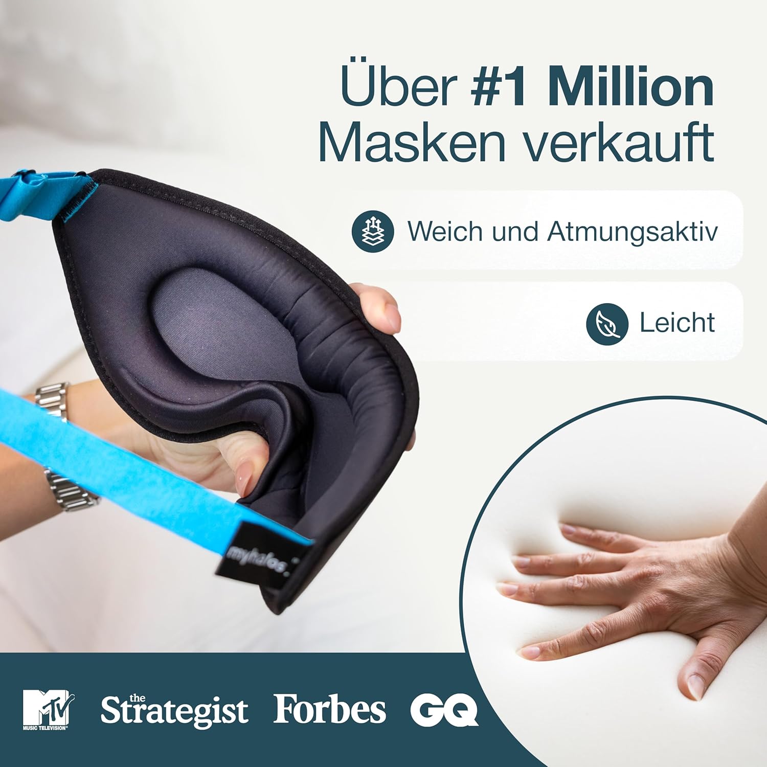 MyHalos 3D-Schlafmaske mit Augenhöhlen – Augenmaske zum Schlafen ohne Augenabdruck, ideal für Seitenschläfer & Wimpernverlängerung, verstellbar, mit Etui für unterwegs – Bild 3