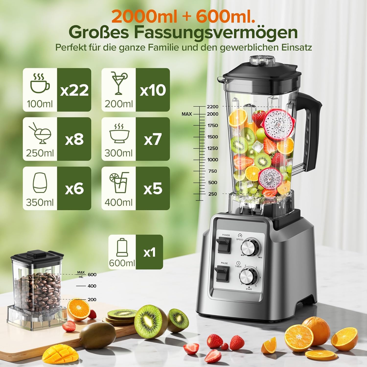Teendow Standmixer, 1800 W Smoothie Maker, Tischmixer mit 2,0 Liter Behälter + 600 ml Kaffeemühle, geeignet zum Zerkleinern von Eis und gefrorenen Früchten, BPA-frei (Silber) – Bild 2