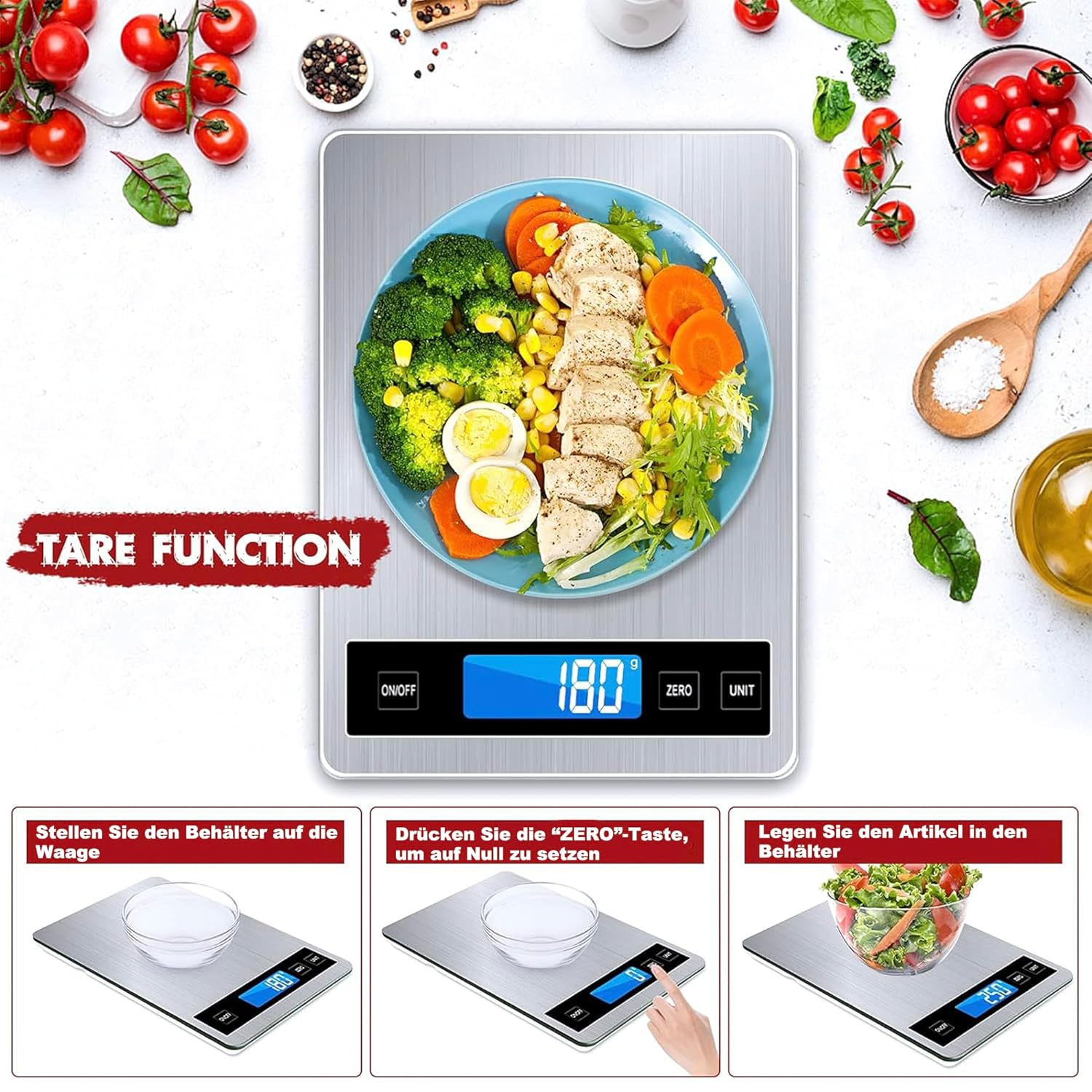 Küchenwaage Digitale Küchenwaage – Digitale Waage bis 15 kg und wunderbare Präzision bis 1 g | g/kg/lb:oz/ml/fl'oz | Typ oder batteriebetrieben | Haushaltswaagen – Bild 5