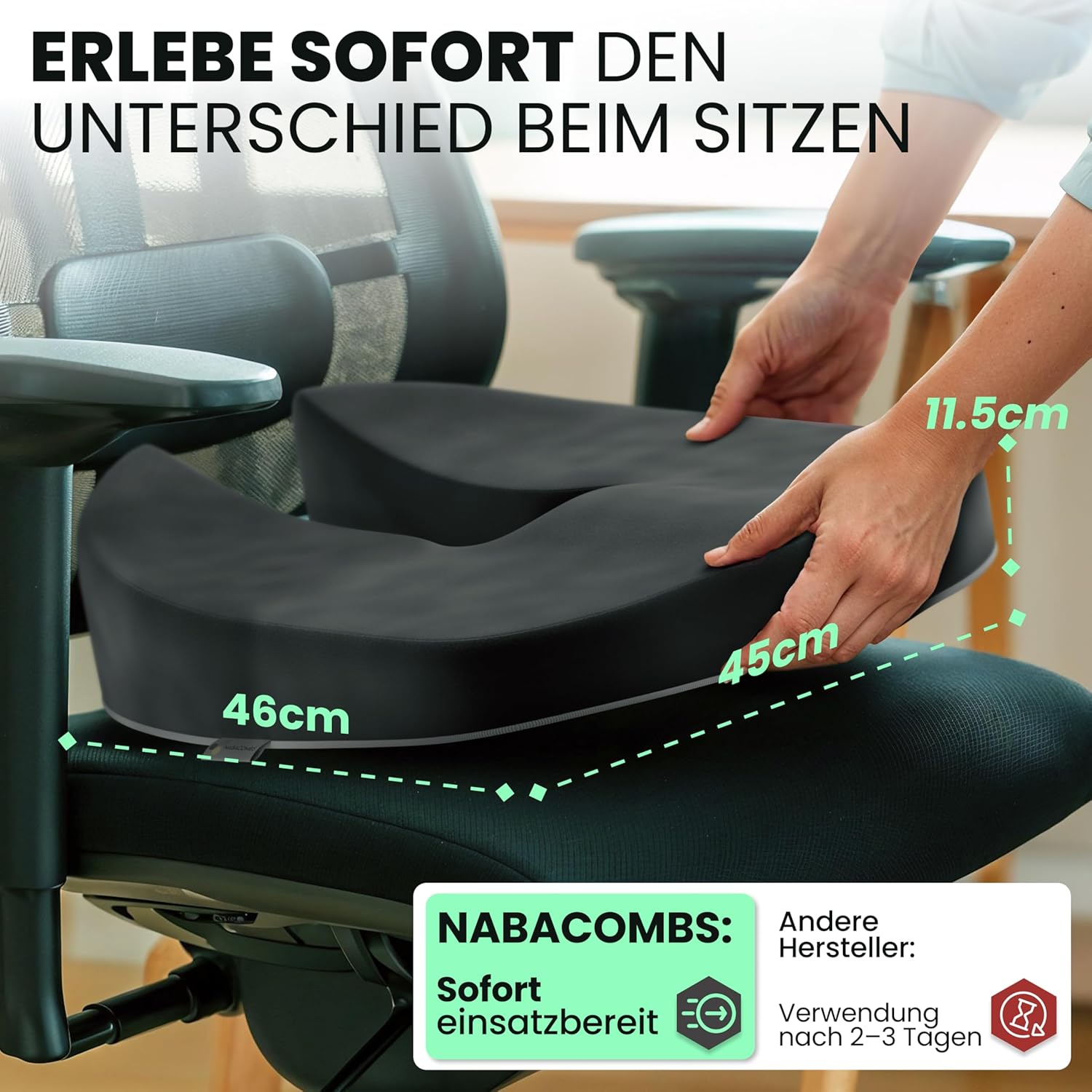 Orthopädisches Sitzkissen – ergonomisch, Memory-Schaum, entlastet Steißbein und Rücken, gebrauchsfertig – IGR-zertifiziert und Öko-Tex-zertifiziert, ideal für Büro, Auto, Reisen und Schwangerschaft – Bild 2