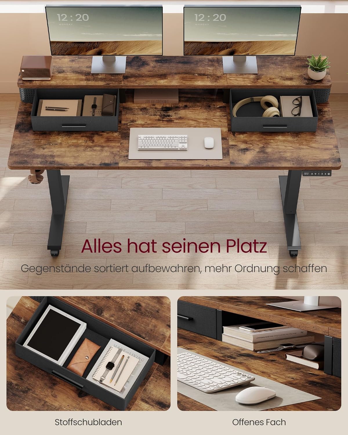 VASAGLE LSD184KD02 Höhenverstellbarer elektrischer Schreibtisch, 140 x 60 x (72-120) cm, stufenlos verstellbar, mit Monitorständer, Steckdosenleiste, Haken, Memory-Funktion, Vintage-Braun – Bild 4