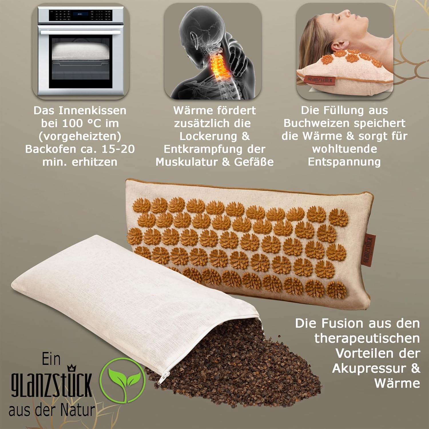 Glanzstück Berlin® Health Collection: Intense XL Akupressurmatten-Set, Leinen, hilft bei Verspannungen, Rückenschmerzen, Massagematte mit Kissen (Wärmefunktion) und Tasche, nachhaltig – Bild 5