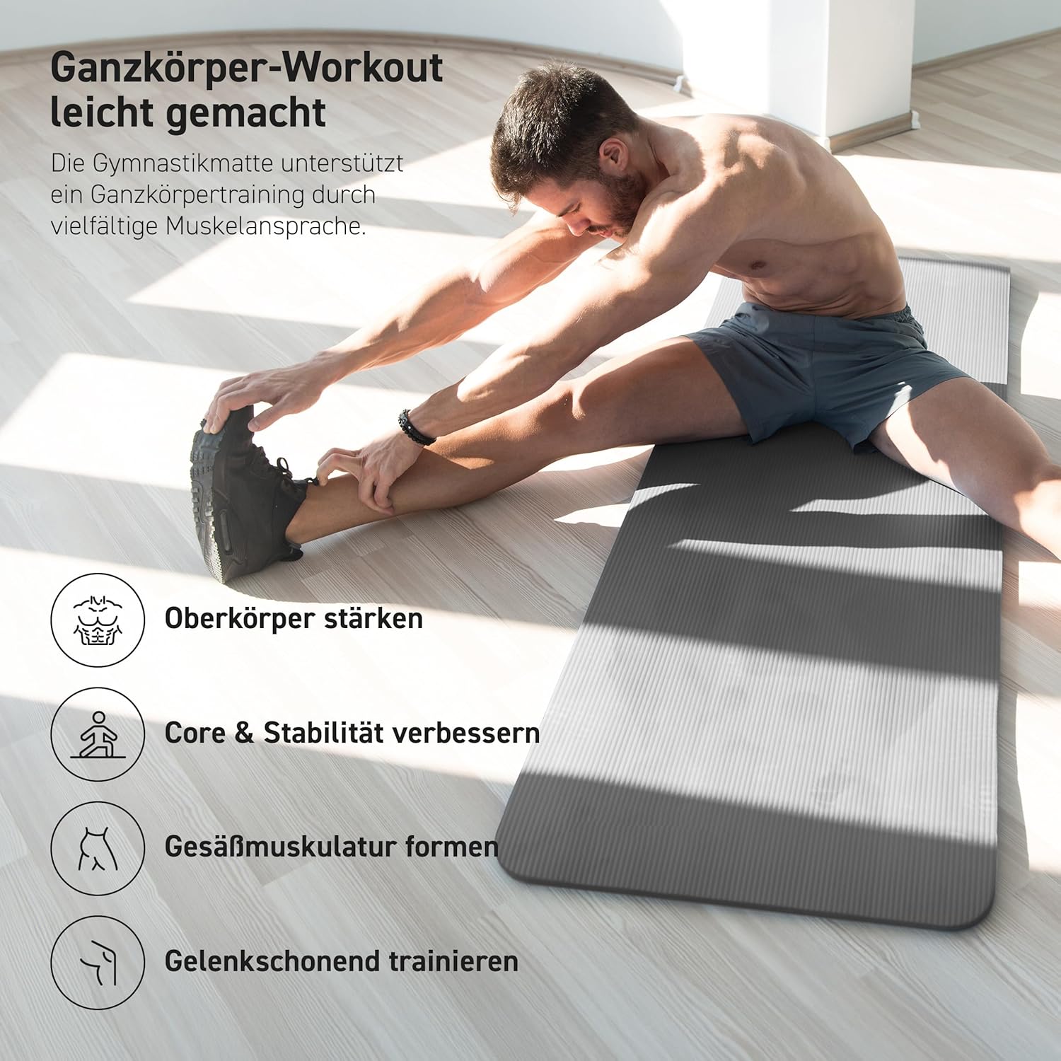 MSports Premium Gymnastikmatte inklusive Tragegurt + Übungsposter + Workout-App – hautfreundliche Fitnessmatte, 190 x 60, 80 oder 100 x 1,5 cm, verschiedene Farben, phthalatfreie Yogamatte, grau, 190 x 80 x 1,5 cm – Bild 5