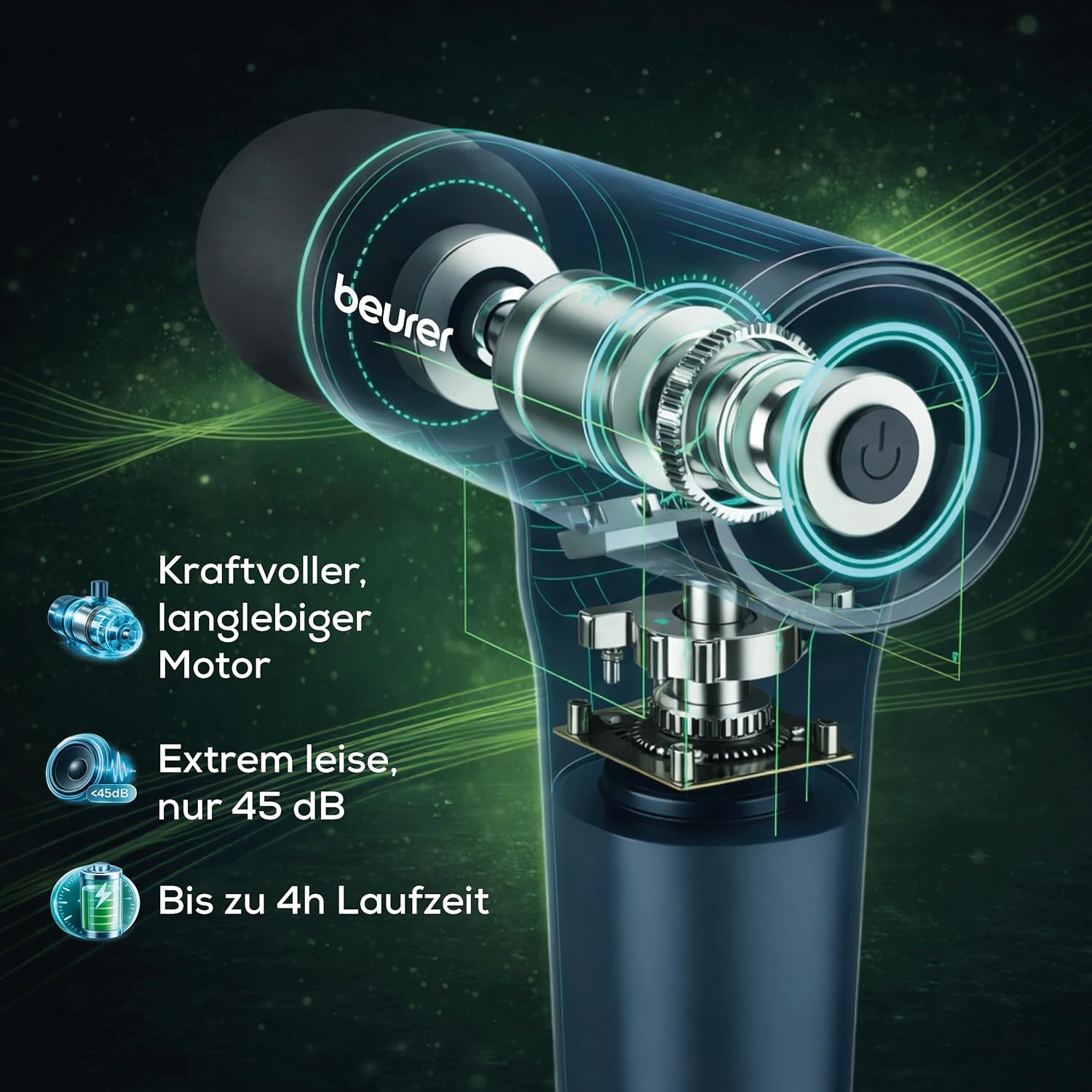 Beurer PowerReload Massagepistole, professionelle Triggerpunktmassage zur Entspannung & Regeneration, kraftvolles Muskelmassagegerät mit 5 Aufsätzen, 5 Intensitätsstufen, extrem leise & Akku bis zu – Bild 3
