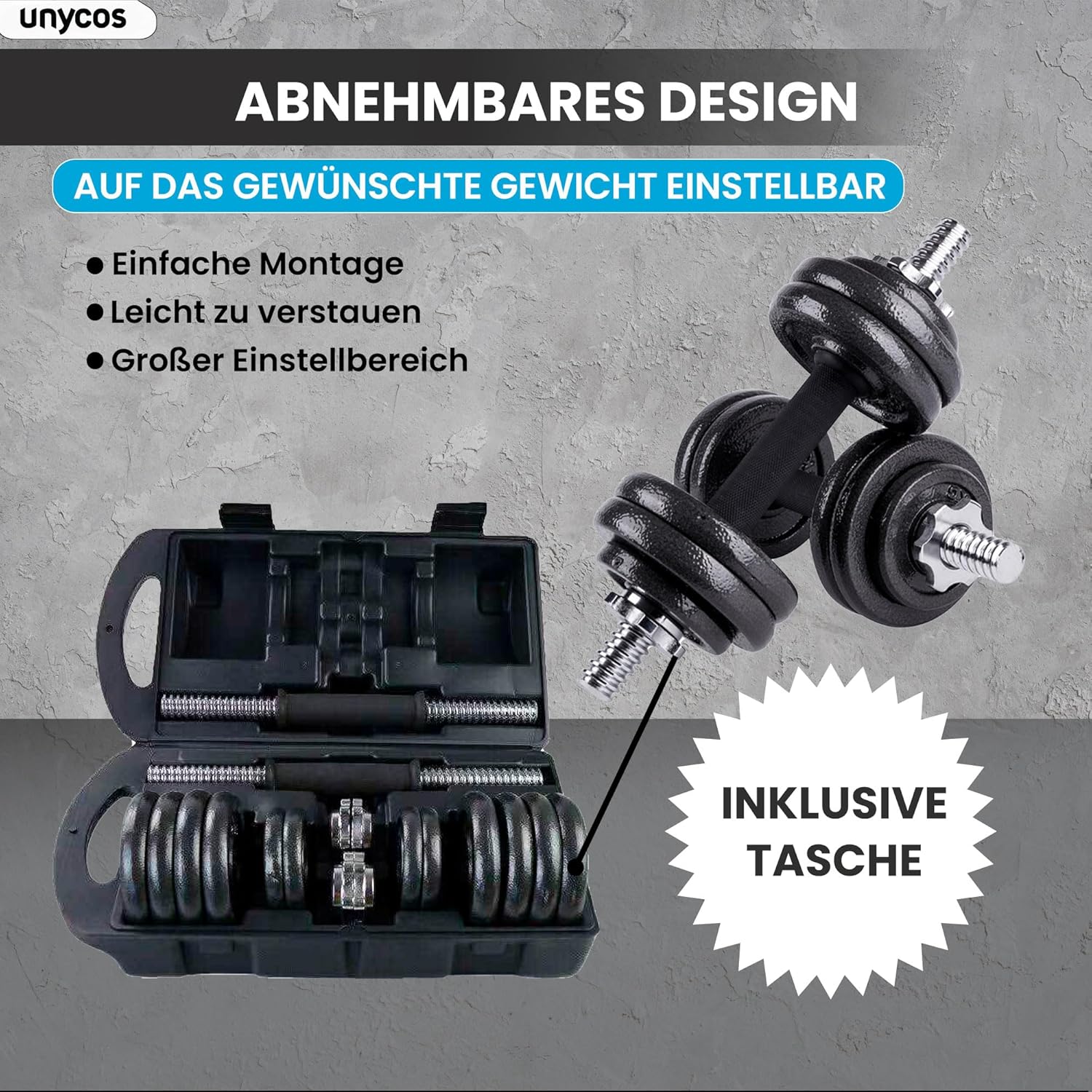 unycos – 2-in-1-Hanteln und Langhantel, verstellbar (15–50 kg), mit Übungs-E-Book, Gewichtsset mit Verbindungsstange und Eisenplatten, Aufbewahrungskoffer, Heim-Fitnessstudio (Eisentransformator) – Bild 3