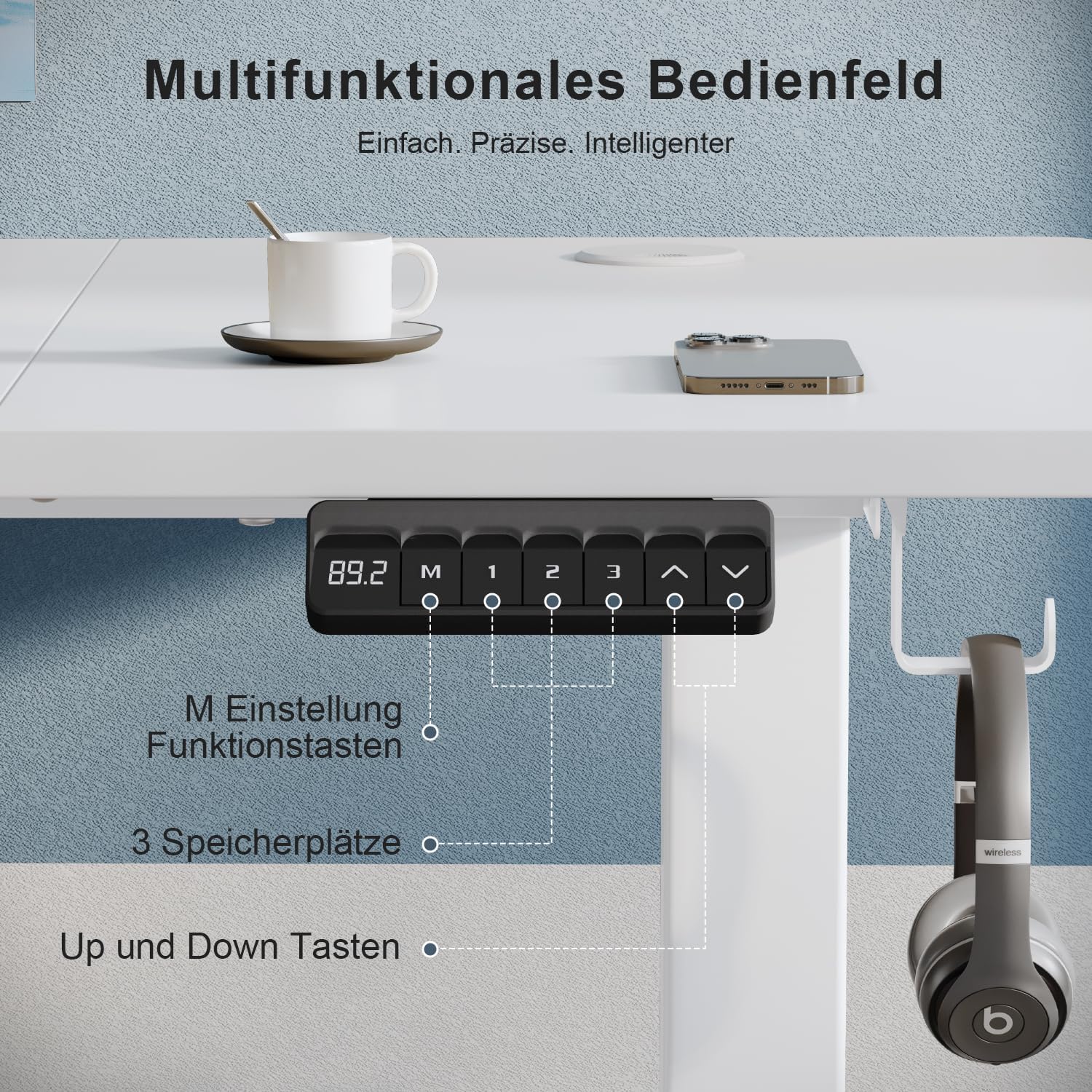 TRIUMPHKEY Elektrischer Stehschreibtisch, 130 x 60 cm, höhenverstellbarer Schreibtisch mit Memory, Smart Panel, Sitz-Steh-Schreibtisch mit Rucksackhaken, Steh-Studiertisch, Arbeitstisch für das Heimbüro (weiß) – Bild 3