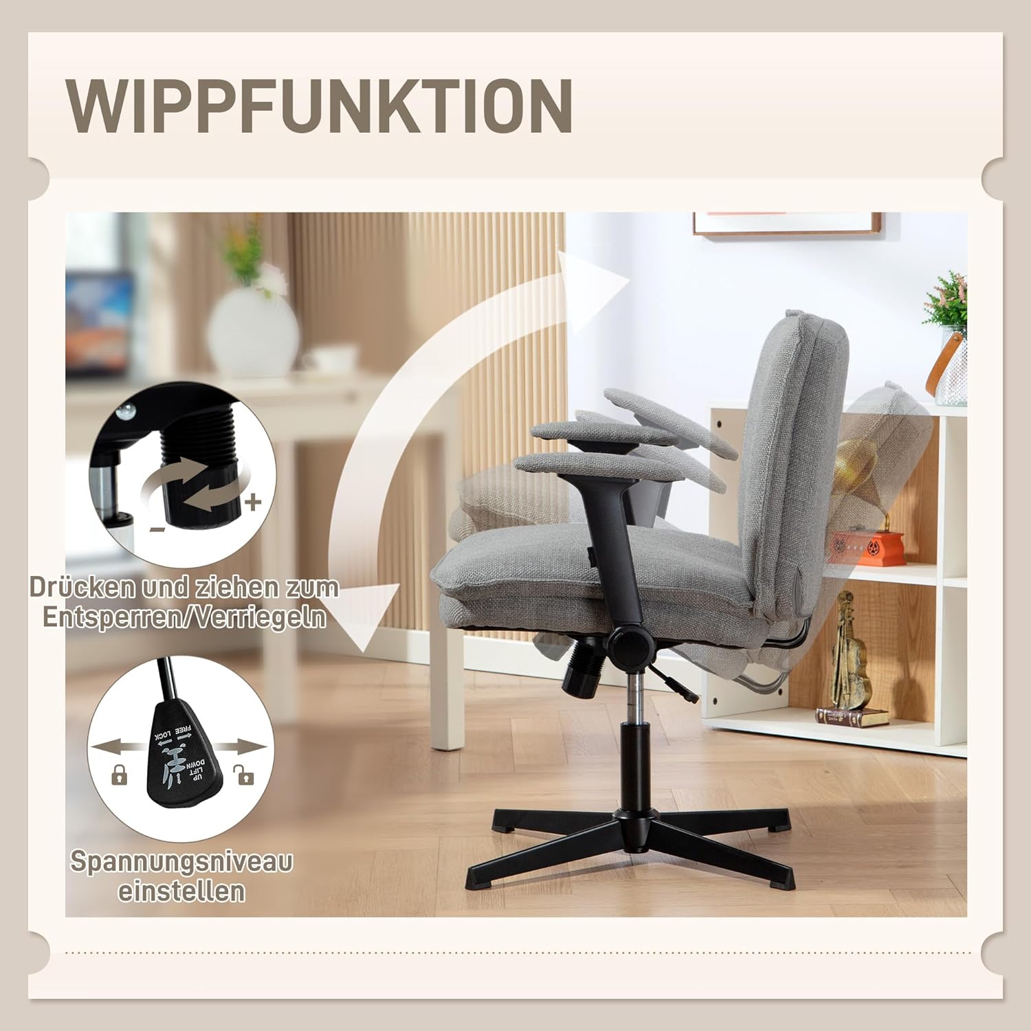HOMCOM Bürostuhl, Schreibtischstuhl mit klappbaren Armlehnen, breite Sitzfläche, höhenverstellbar, maßgeschneiderter Sitz, Drehstuhl mit Leinenoptik, für Home Office, Grau – Bild 6