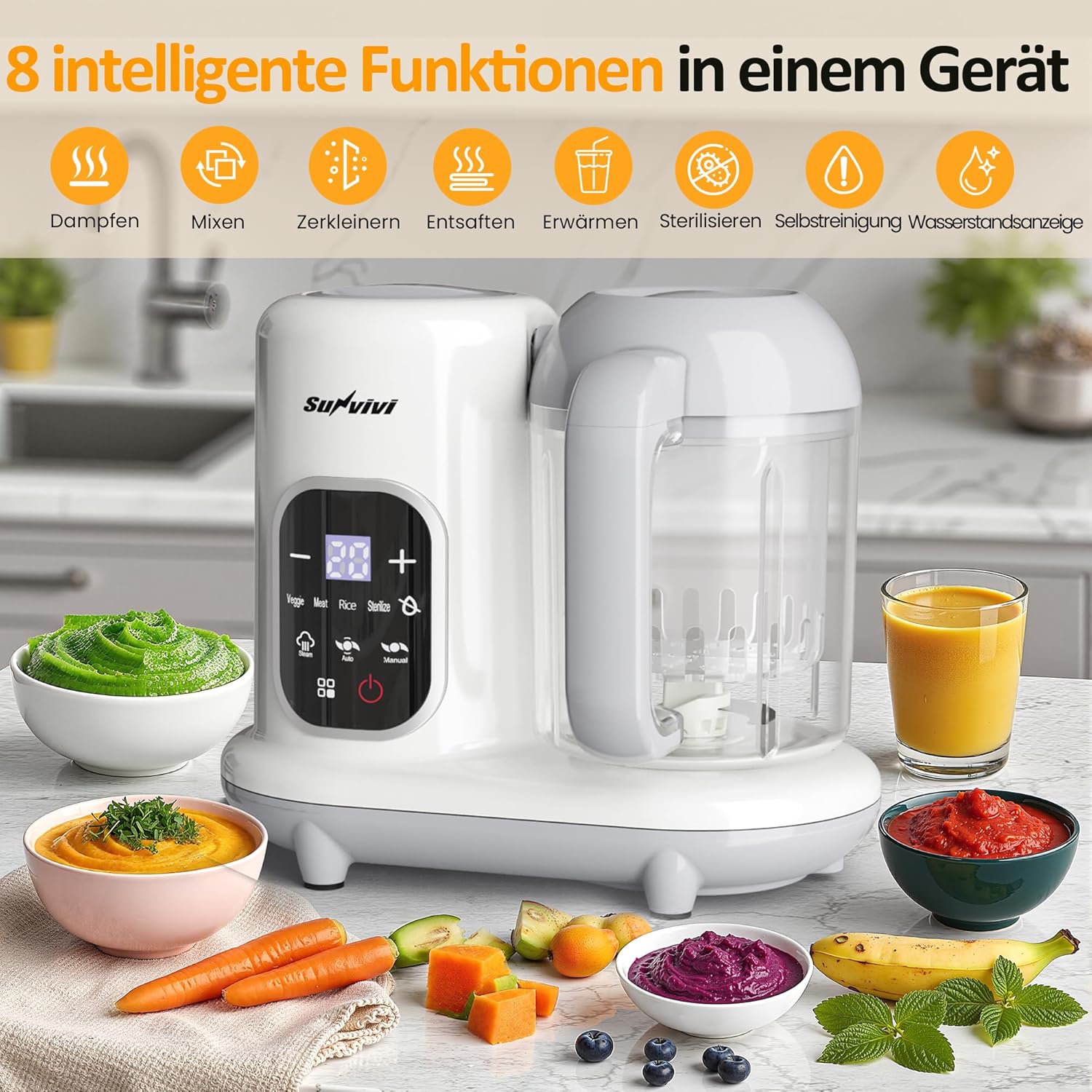 Sunvivi Babynahrungszubereiter 8-in-1 mit Dampfgarer und Mixer, 350 g Babynahrungszubereiter mit großer Kapazität, multifunktionaler Babybreibereiter mit LCD-Display, Sterilisator, Wärmer und Auftaufunktion – Bild 2