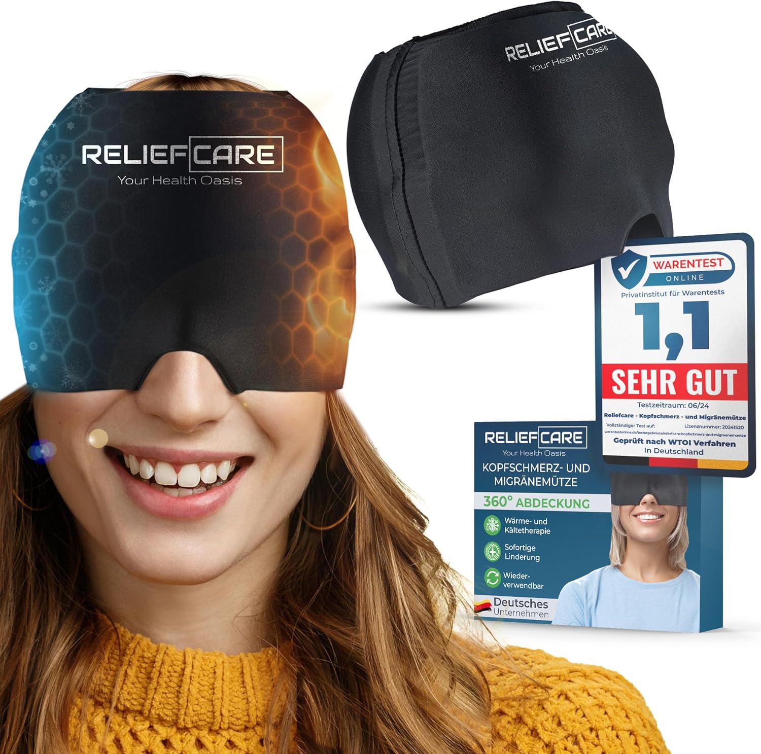 RELIEF CARE Migränemaske, Kühlmaske, 360°-Gel-Entlastungshut, Kühlkappe und Schlafmaske – zur Linderung von Migräne, Kopfschmerzen, Druck, geschwollenen Augen, Kühlhut, Entspannung und Wohlbefinden