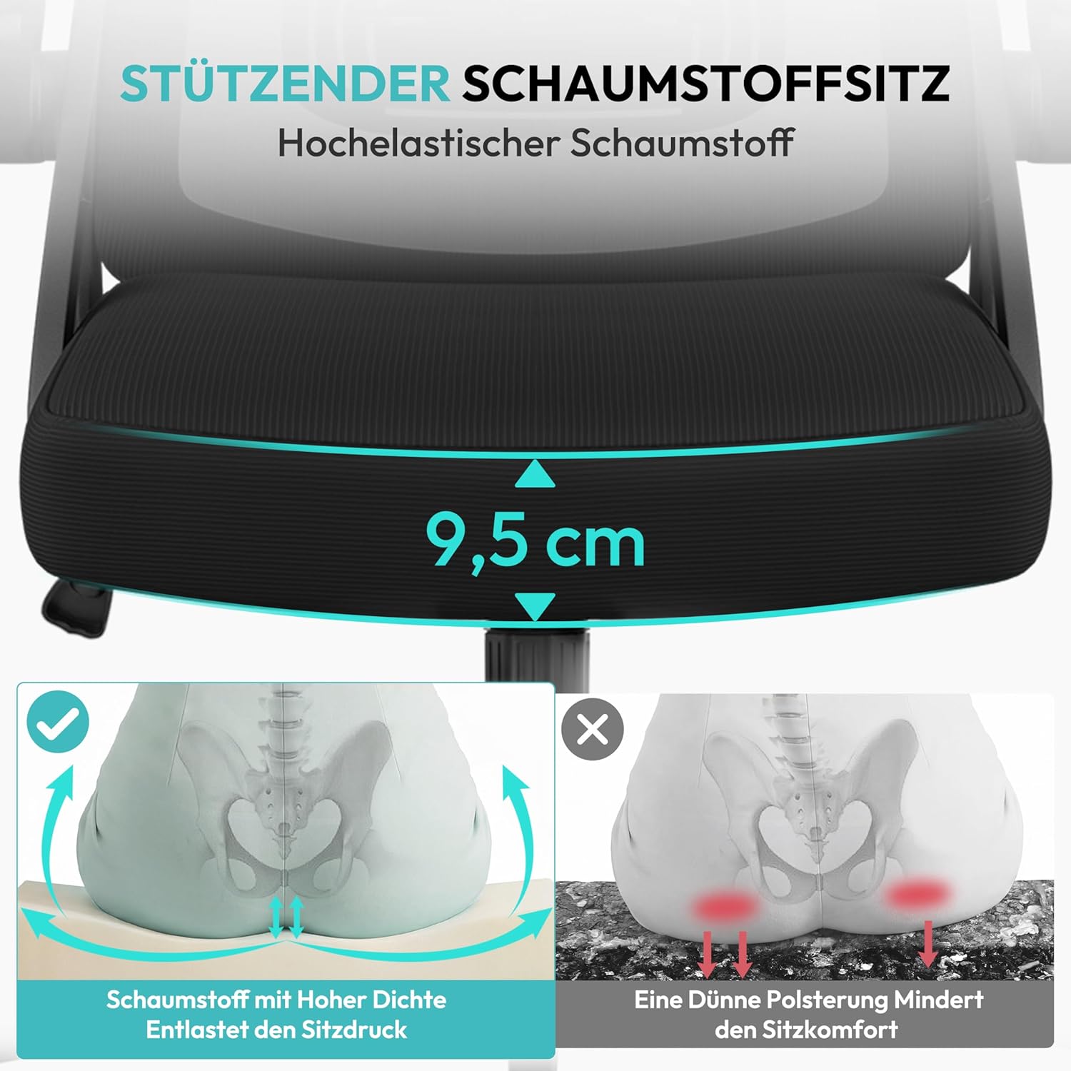 Yaheetech Ergonomischer Bürostuhl, Schreibtischstuhl mit klappbaren Armlehnen, Drehstuhl mit Rückenlehne und verstellbarer Kopfstütze, Chefsessel, Wippfunktion, maximale Belastung 136 kg, Schwarz – Bild 5
