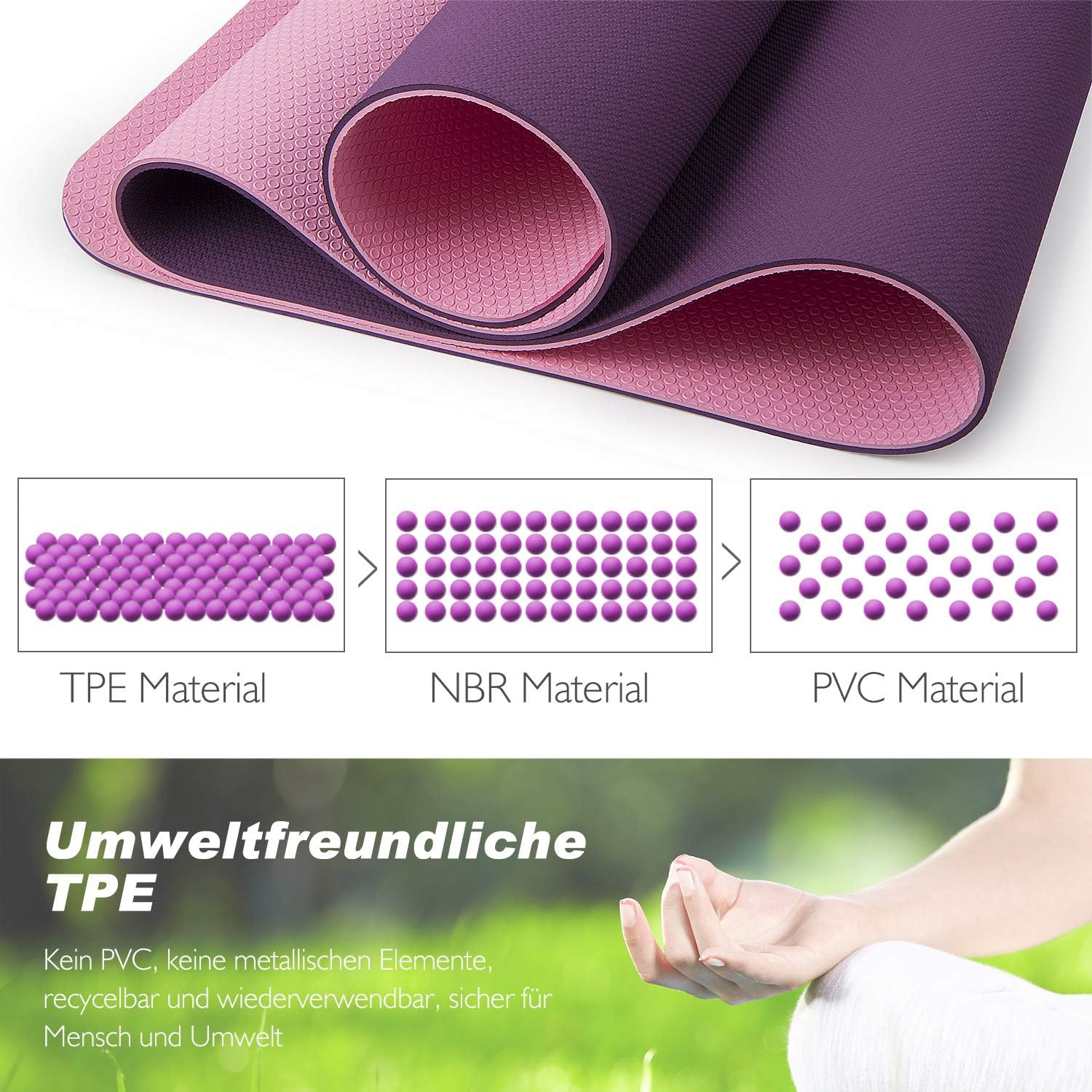 TOPLUS Gymnastikmatte, Yogamatte, gepolstert & rutschfest für Fitness, Pilates und Gymnastik, mit Tragegurt – Bild 4