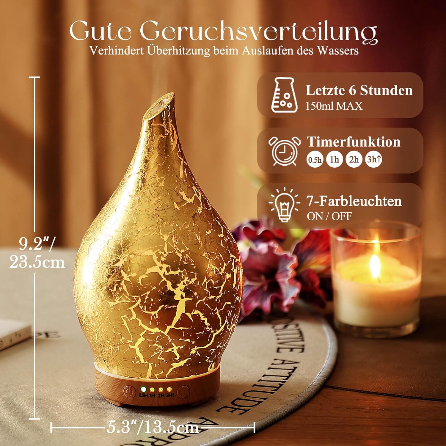 Porseme Aroma-Diffusor 150 ml, mundgeblasener Glas-Luftbefeuchter, Ultraschall-Aromatherapie-Öle-Diffusor mit 7 farbigen LED-Lichtern, Diffusor für ätherische Öle mit Timer, BPA-frei für Zuhause (vergoldet) – Bild 4