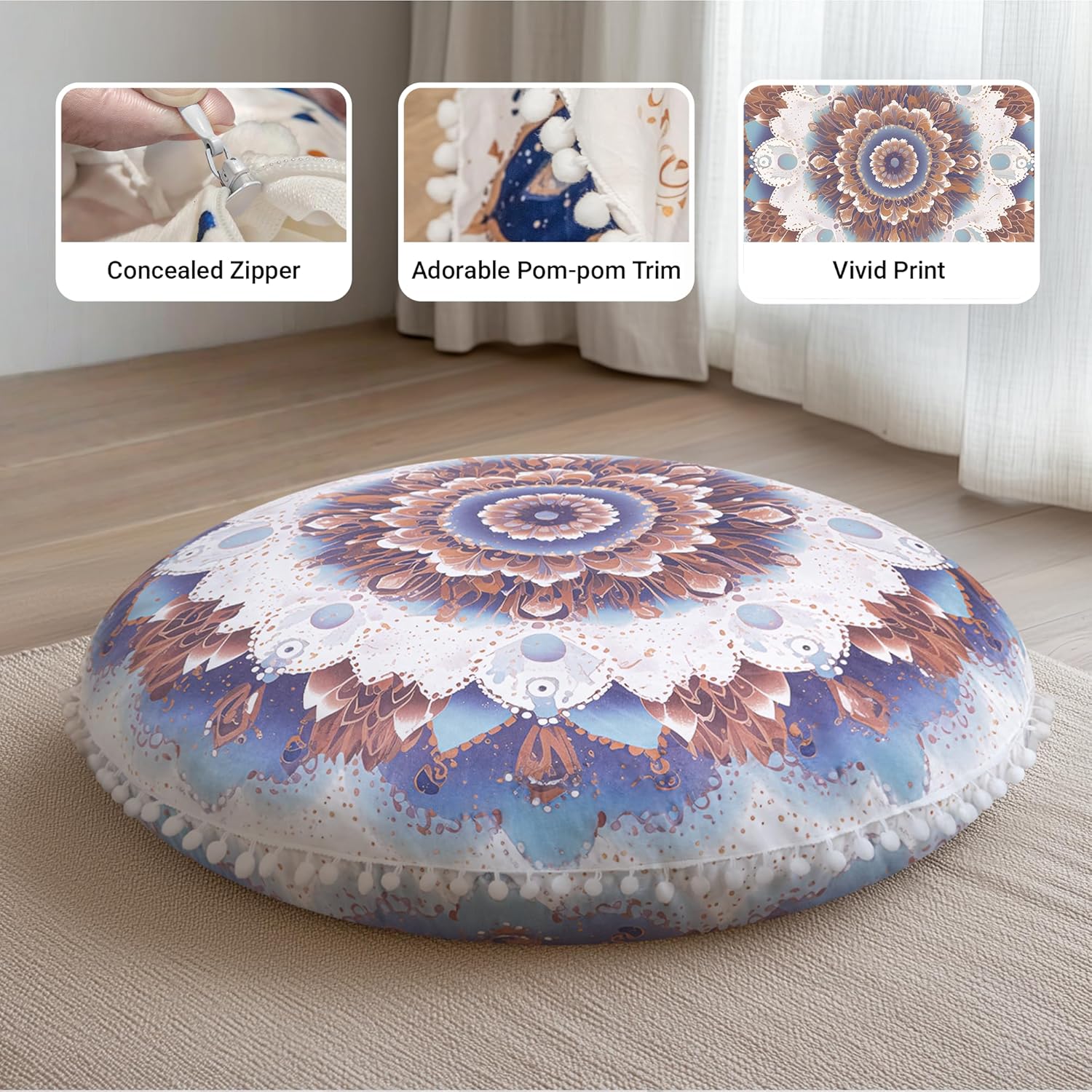 Meditations-Bodenkissen, rundes Sitzkissen mit waschbarem und abnehmbarem Bezug, 80 cm großes ergonomisches Yoga-Kissen mit Pompon-Dekoration, für drinnen und draußen, hellblau – Bild 5