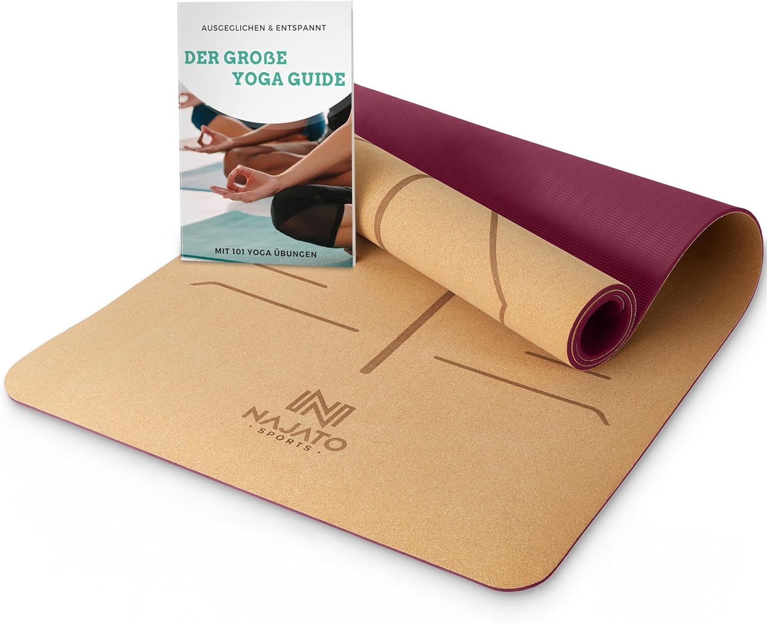 Najato Sports Yogamatte aus Kork – Rutschfeste Yogamatte aus Kork mit Yogagurt, Tragegurt und E-Book – Yogamatte aus Kork 183 x 65 x 0,6 cm – Nachhaltige Yogamatte aus Kork