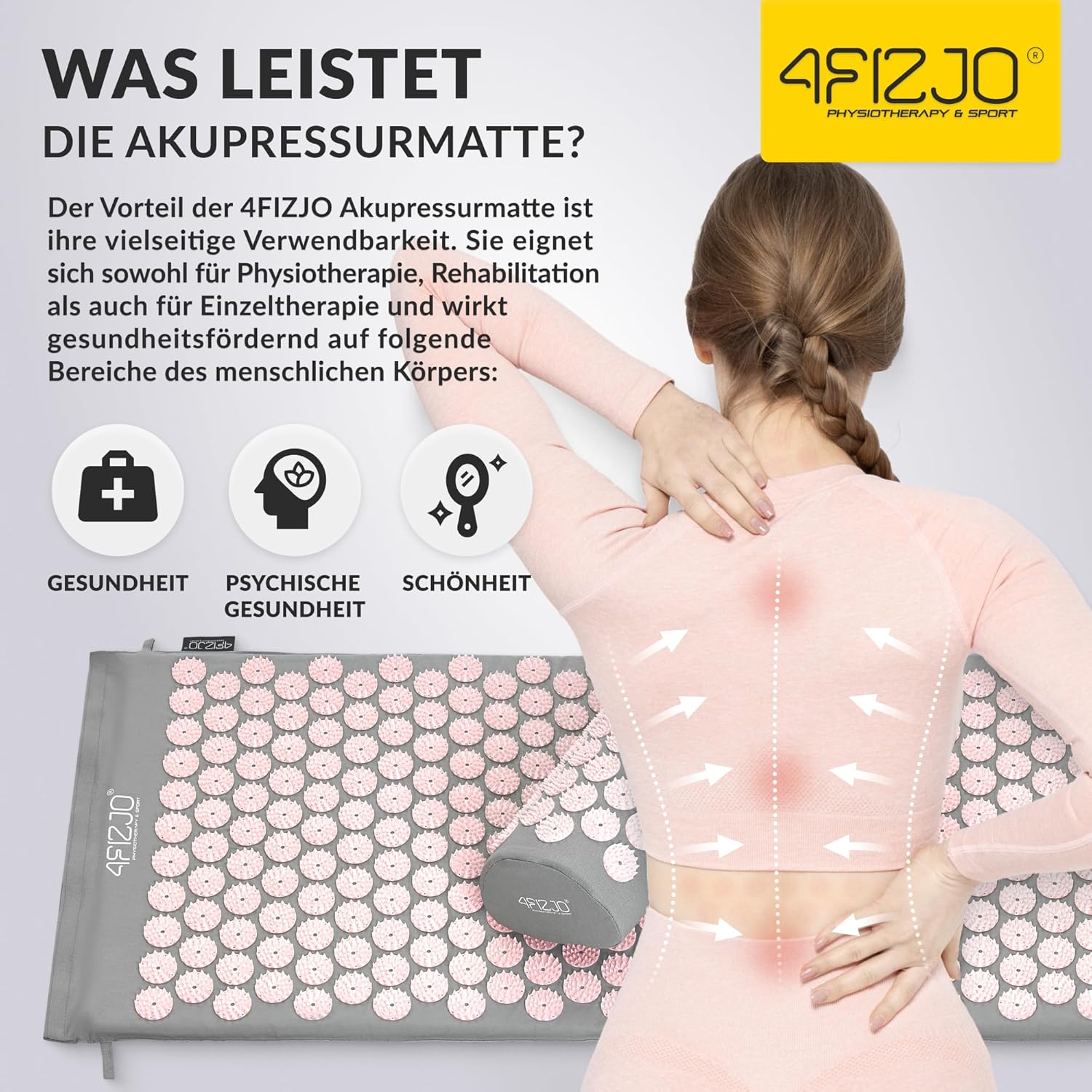 4FIZJO Akupressurmatte & Kissen XL, 110 x 42 x 2 cm, mit Tragetasche, Polyurethanschaum, hypoallergen, 15330 Spikes, Massagematte für bessere Durchblutung, Muskelentspannung, Farbe: Grau und Rosa – Bild 12