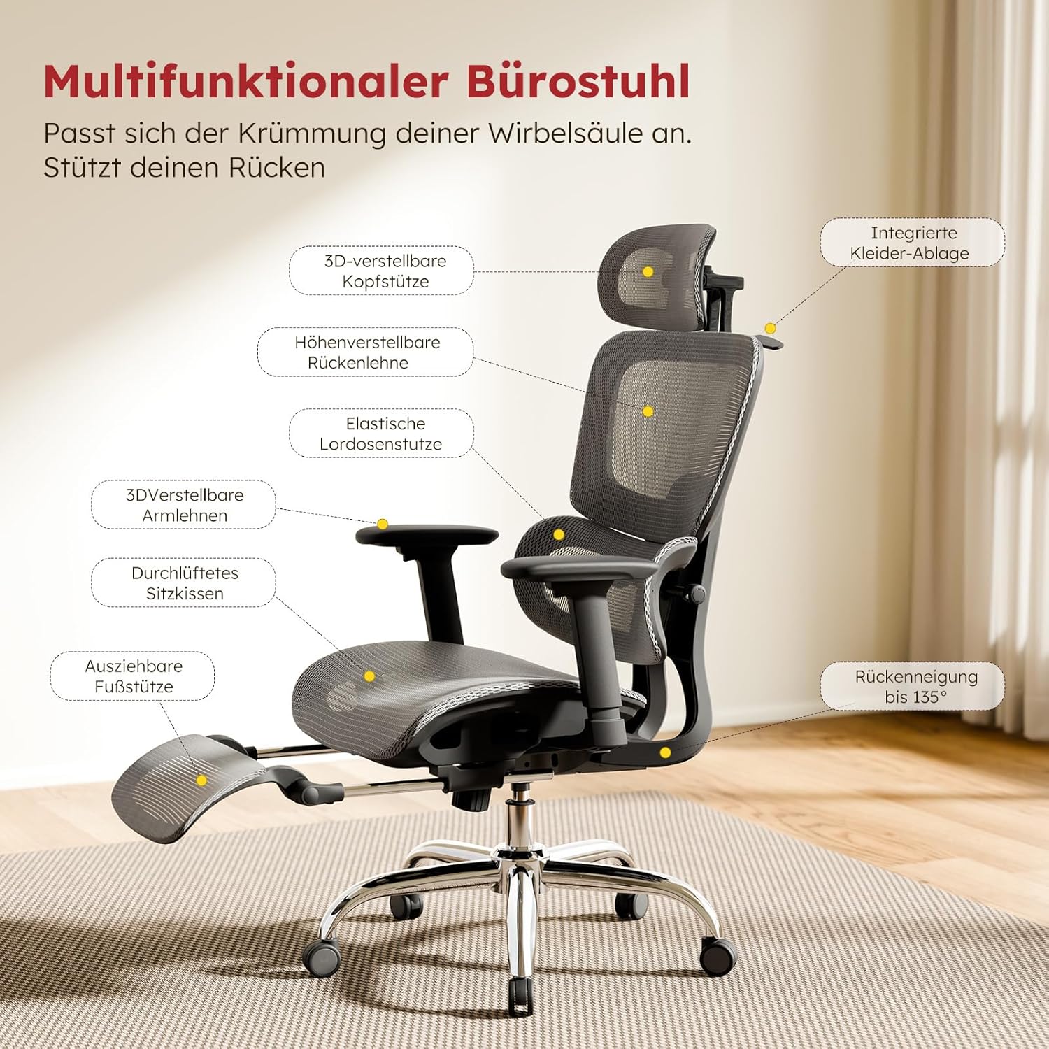 Ergonomischer Bürostuhl aus Vollnetz mit abnehmbarem Kissen, Fußstütze, höhenverstellbarer Rückenlehne, Kopfstütze und Armlehnen, selbsteinstellender Lordosenstütze, PU-Rädern, 360° drehbar, 150 kg, Dunkelgrau – Bild 4