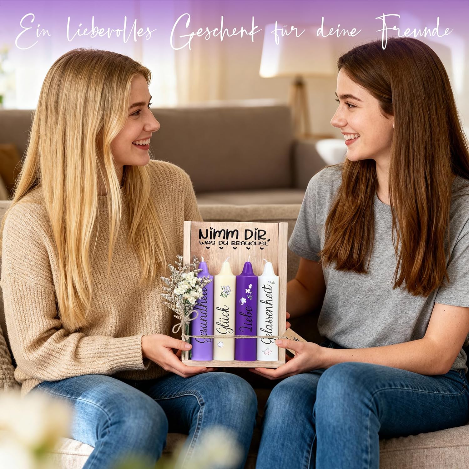 Kerzen Geschenkset Geburtstagsgeschenk für Frauen oder Freundin, nimm dir, was du brauchst, Mitbringsel Kerzenhalter Holzkiste mit Kerzen Deko und Trockenblumen – Bild 7