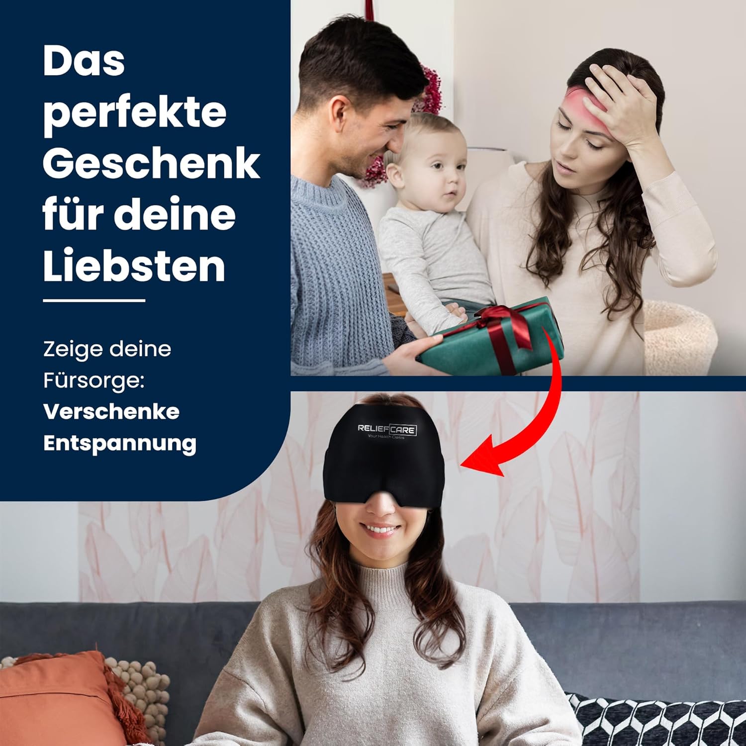 RELIEF CARE Migränemaske, Kühlmaske, 360°-Gel-Entlastungshut, Kühlkappe und Schlafmaske – zur Linderung von Migräne, Kopfschmerzen, Druck, geschwollenen Augen, Kühlhut, Entspannung und Wohlbefinden – Bild 8