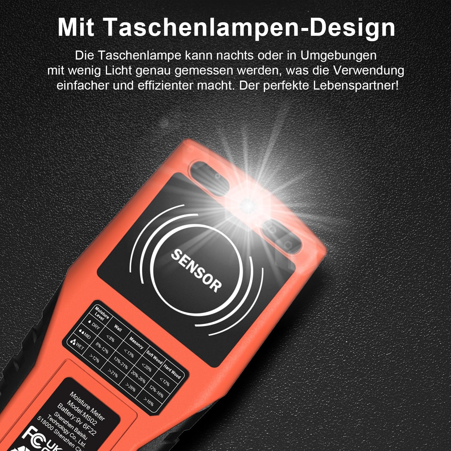LASELION MS02 Pinless Wand-Feuchtigkeitsmesser, nicht-invasiver Feuchtigkeitsmesser, Detektor, Holzfeuchtemesser mit großem Farbdisplay, Batterien, 4 Modi für Holz, Brennholz, Wände, Baumaterialien – Bild 6