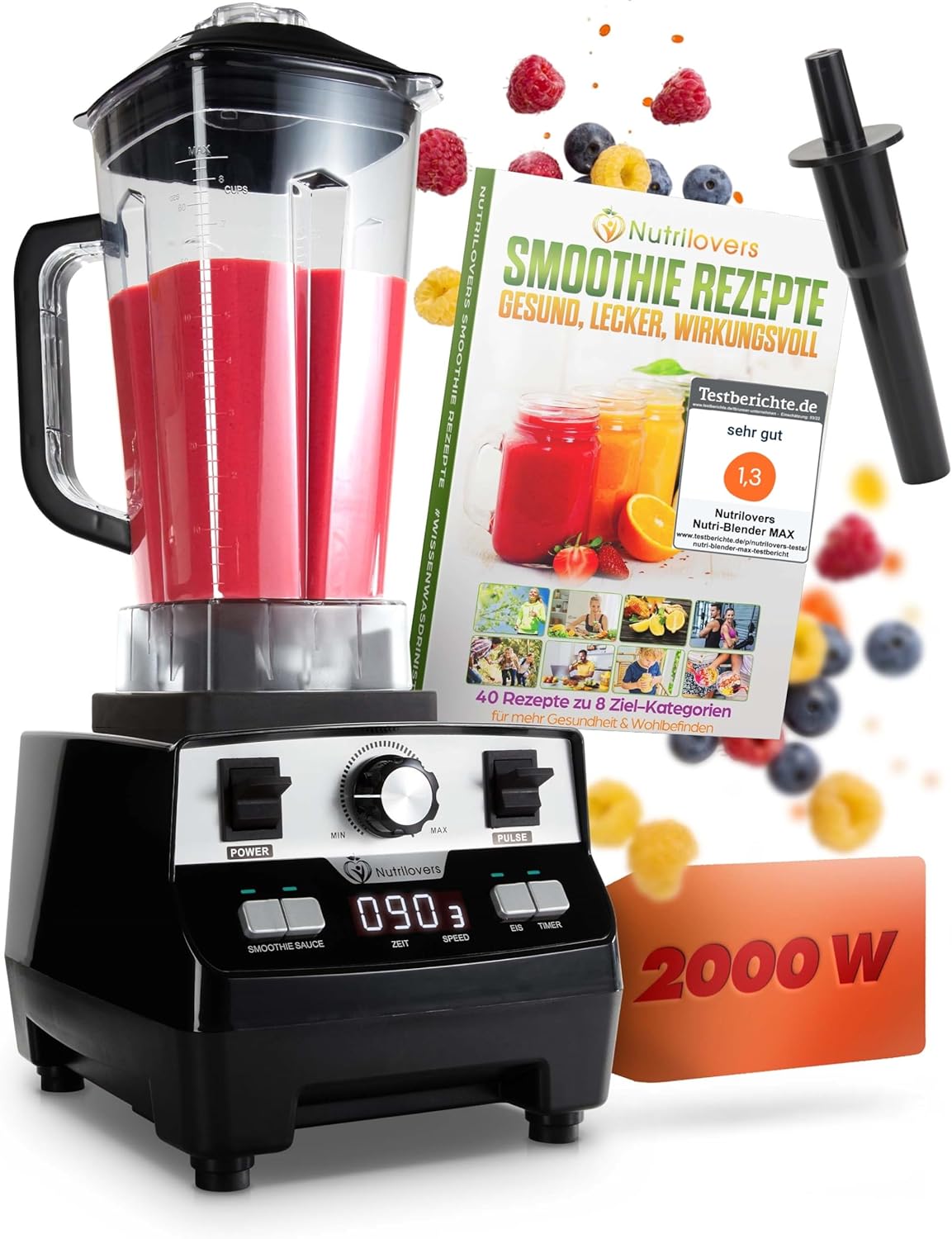 Nutrilovers Nutri Blender Max Hochleistungsmixer 2000 W, Hochleistungs-Smoothie-Maker, Profi-Mixer – 2 l Tritan, BPA-frei, 9 Stufen, digitaler Timer mit Smoothie-Rezeptbuch