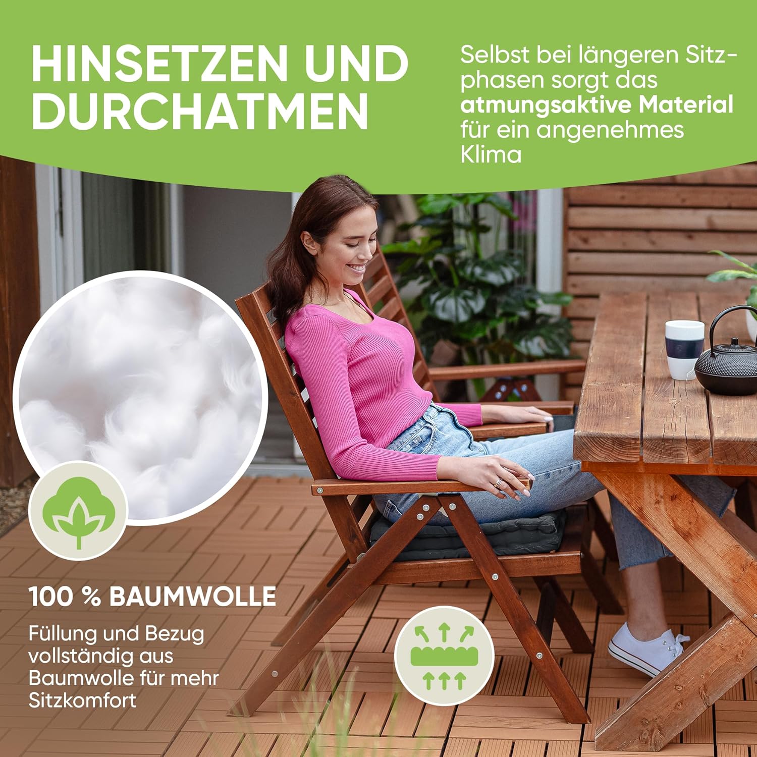 Gräfenstayn® 4er Set Sitzkissen Stuhlkissen 40 x 40 x 8 cm für den Innen- und Außenbereich aus 100% Baumwolle, dicke Polsterung, Steppkissen/Bodenkissen (Anthrazit) – Bild 3