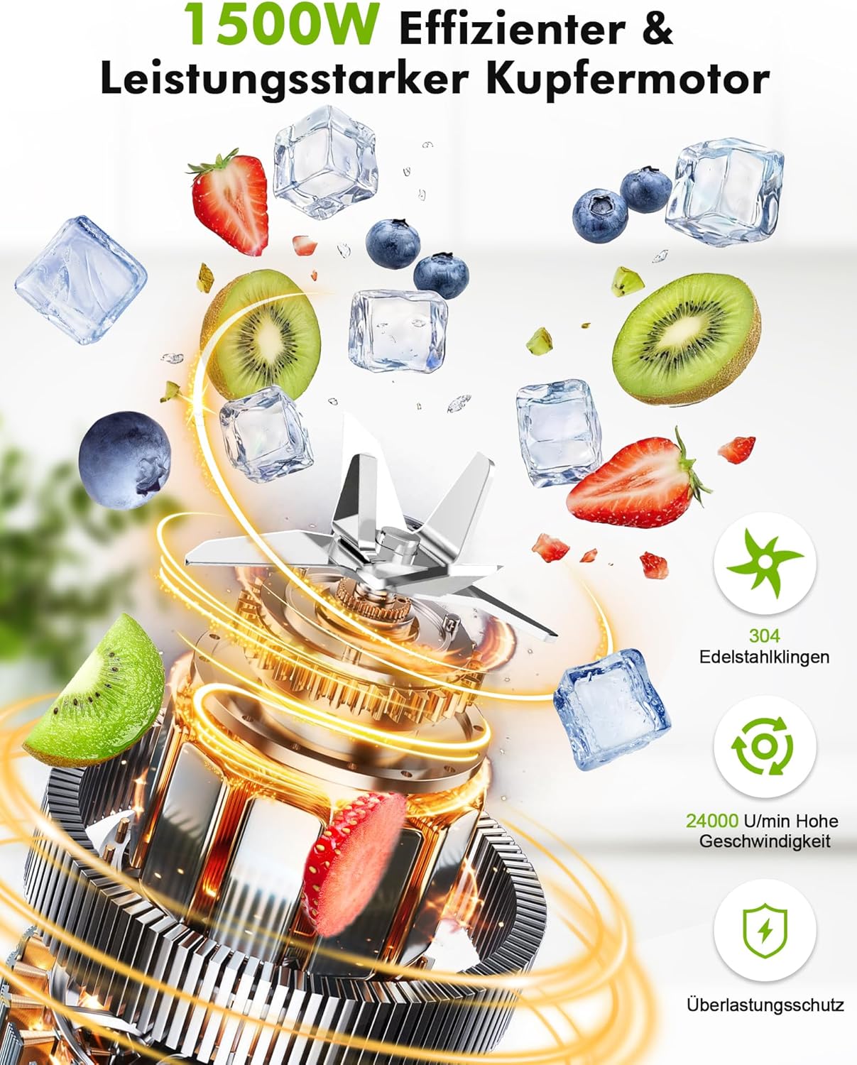 Mixer, Smoothie Maker, Standmixer, 1500 Watt High Speed Mixer Smoothie Maker mit 1,5 L Glasbehälter, 600 ml Flaschen, BPA-freies Tritan, einstellbare Geschwindigkeit für Smoothies, Mixen – Bild 2