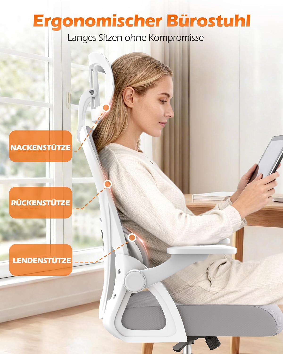 Ergonomischer Bürostuhl, Schreibtischstuhl mit Lordosenstütze und Netzrückenlehne, höhenverstellbarer Drehstuhl mit Kopfstütze und leisen Rollen, Computerstuhl für Home-Office-Gaming – Grau – Bild 2