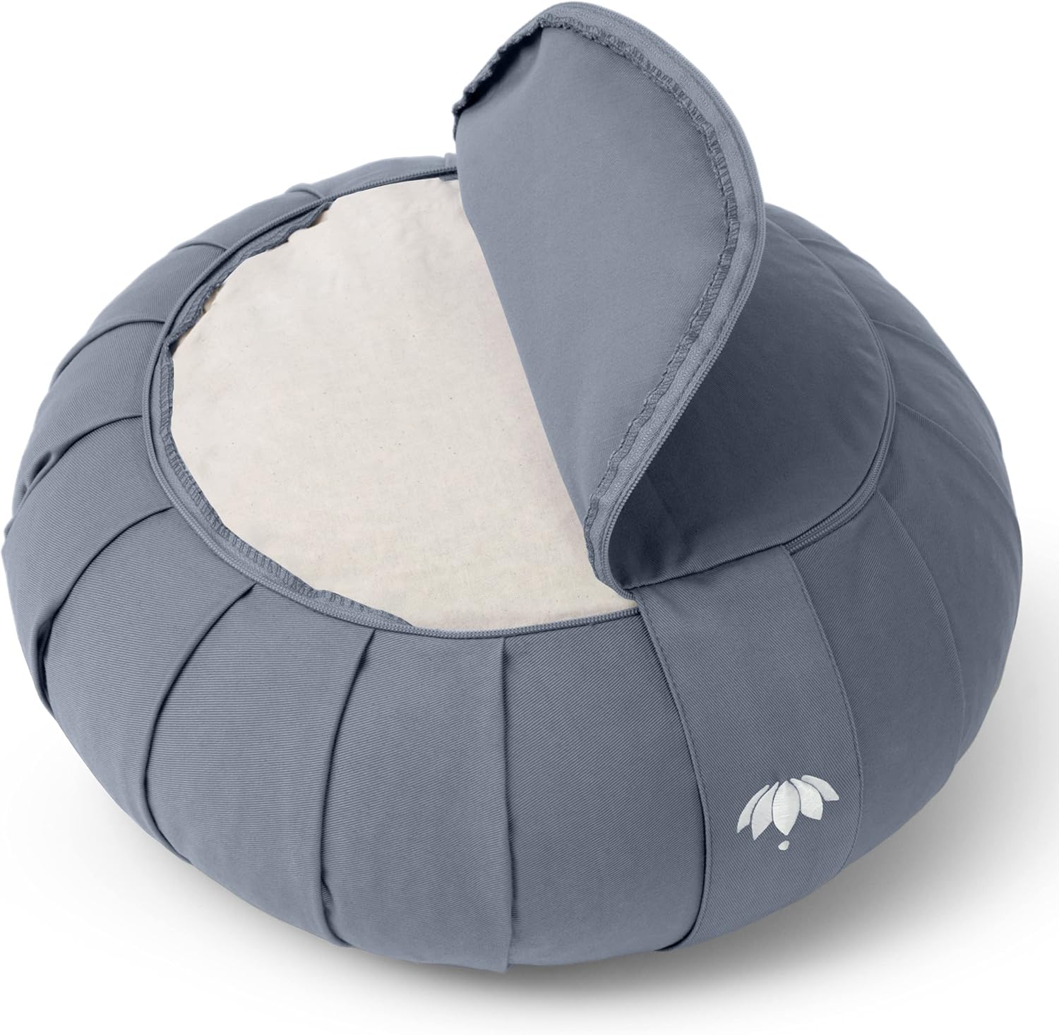 Lotuscrafts Zafu Zen Meditationskissen, Yogakissen, Sitzhöhe 15 cm, Yoga Zafu Kissen mit Dinkelfüllung, waschbarer Bezug aus Bio-Baumwolle, GOTS zertifiziert, mit Stickerei – Bild 3