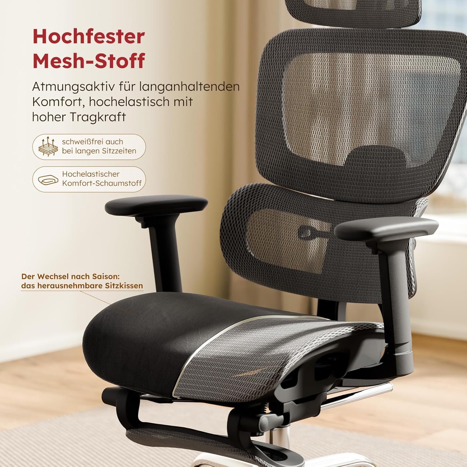 Ergonomischer Bürostuhl aus Vollnetz mit abnehmbarem Kissen, Fußstütze, höhenverstellbarer Rückenlehne, Kopfstütze und Armlehnen, selbsteinstellender Lordosenstütze, PU-Rädern, 360° drehbar, 150 kg, Dunkelgrau – Bild 5