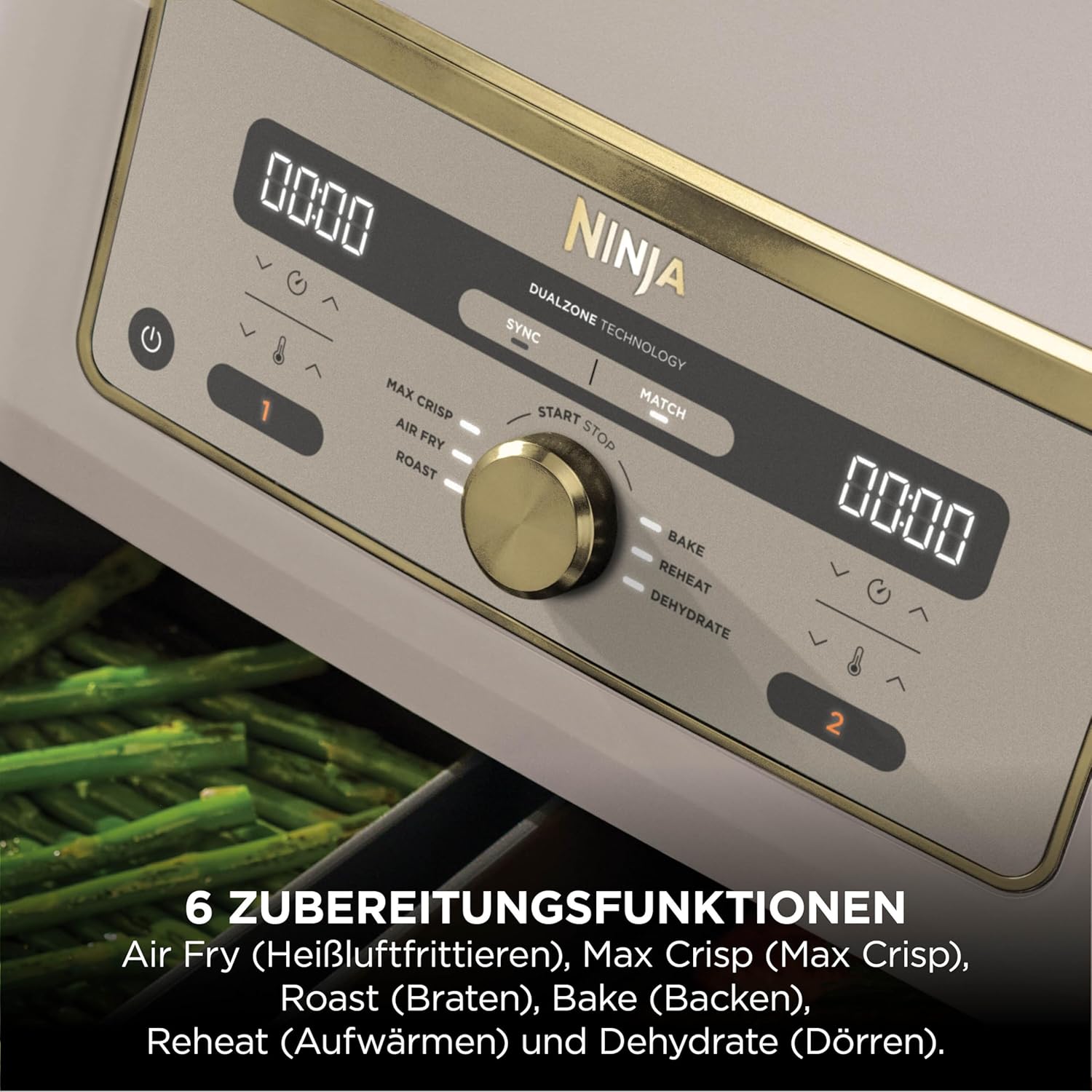 Digitale Dual-Zonen-Luftfritteuse von Ninja, 2 Schubladen, 6-in-1, Heißluftfritteuse, 9,5 l, Heißluftfritteuse, maximale Knusprigkeit, Braten, Backen, Aufwärmen, spülmaschinenfeste Körbe, Stein/Gold DZ400EUSTGD – Bild 5