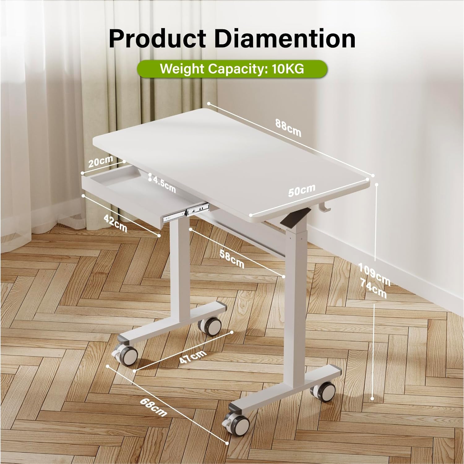 Computertisch, pneumatisch höhenverstellbar (88 x 50 cm), Laptoptisch mit Rollen und Schublade, Überbetttisch, Stehsitzschreibtisch für Büro, Wohnzimmer, Schlafzimmer, kleine Räume, Weiß – Bild 2